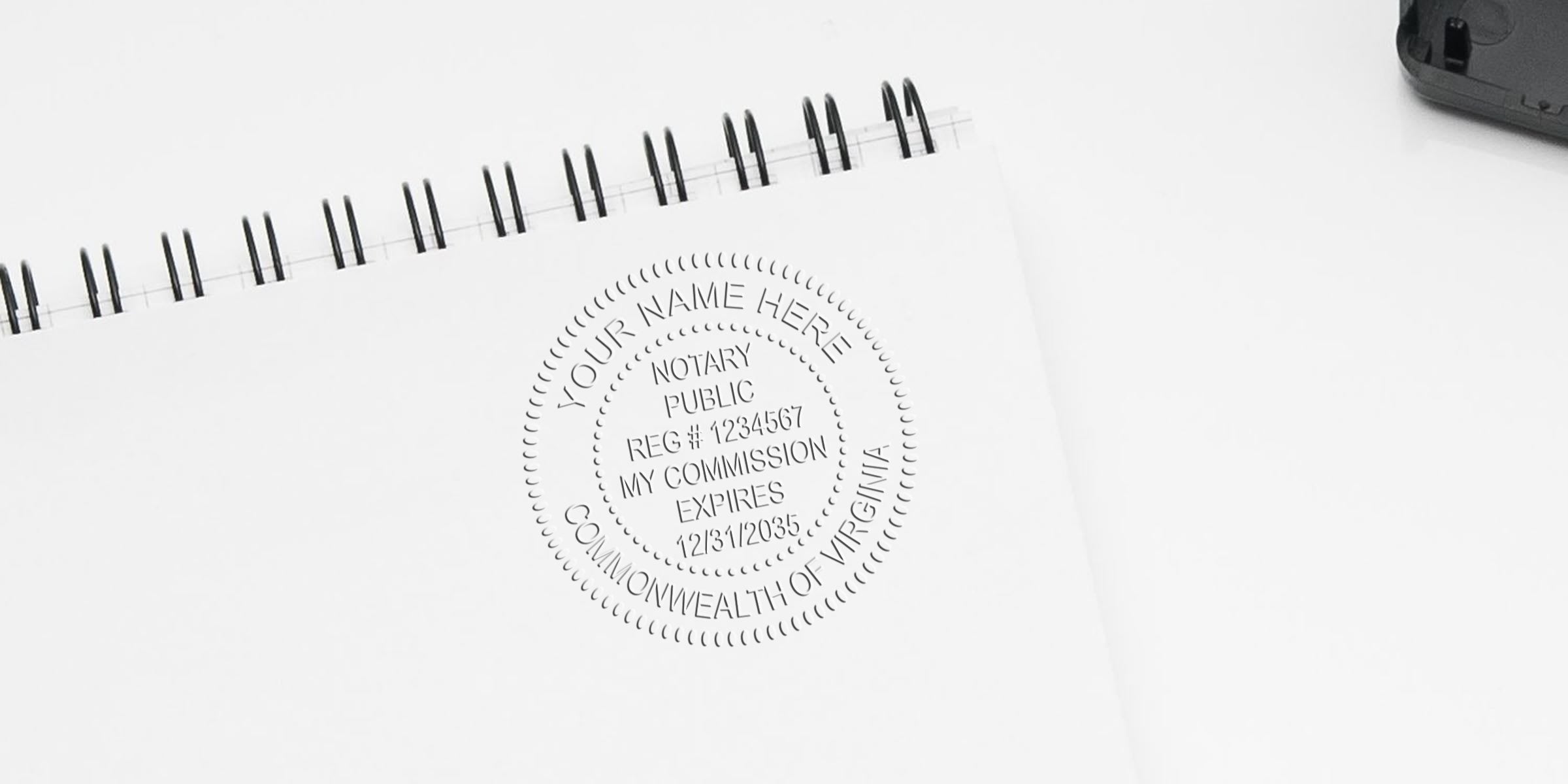 Virginia notary seal embossed on white spiral notebook for commission verification. Purchase Virginia notary seal now.
