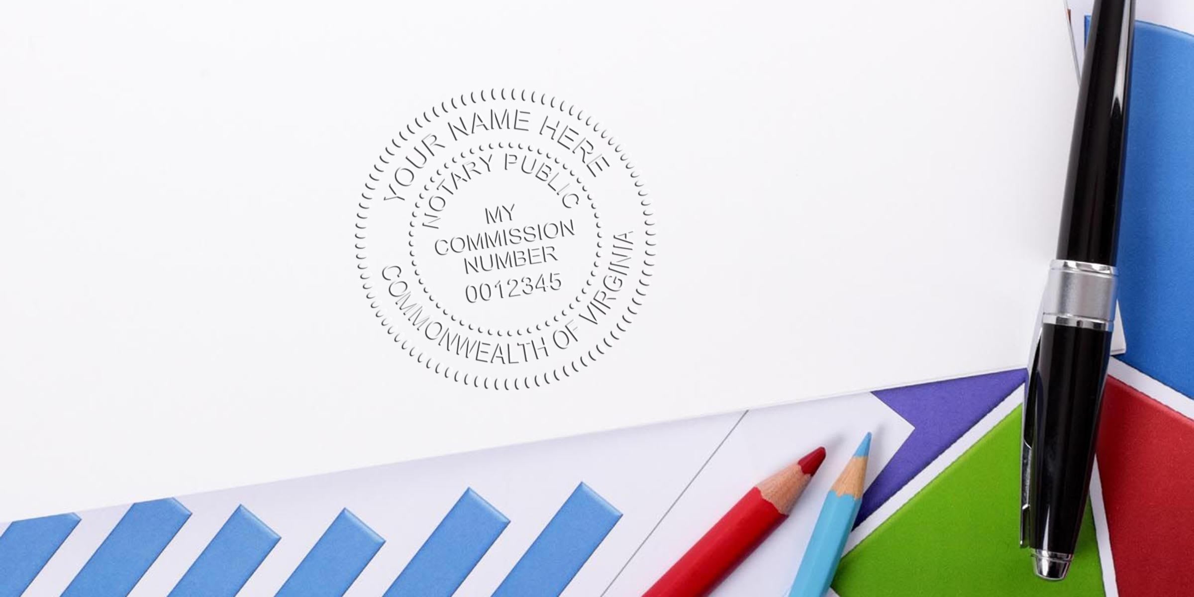 Virginia notary public embossed seal on white paper with pen and colored pencils, emphasizing seal expiration and common notary seal errors.