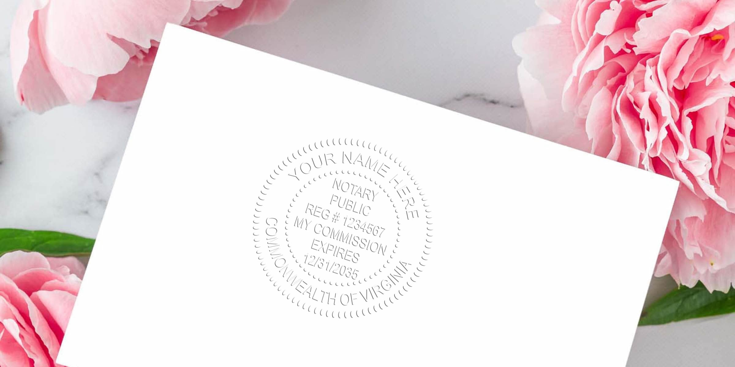 Embossed Virginia Notary Seal on white paper with pink peonies, showing official stamp design and commission expiration date.