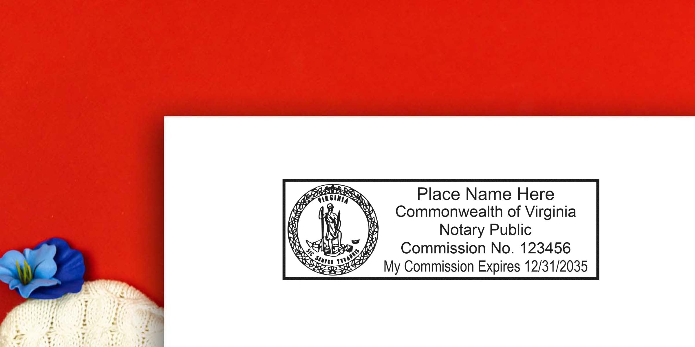 Virginia notary stamp with commission number and expiration date on white paper, displaying the notary design against a red background.
