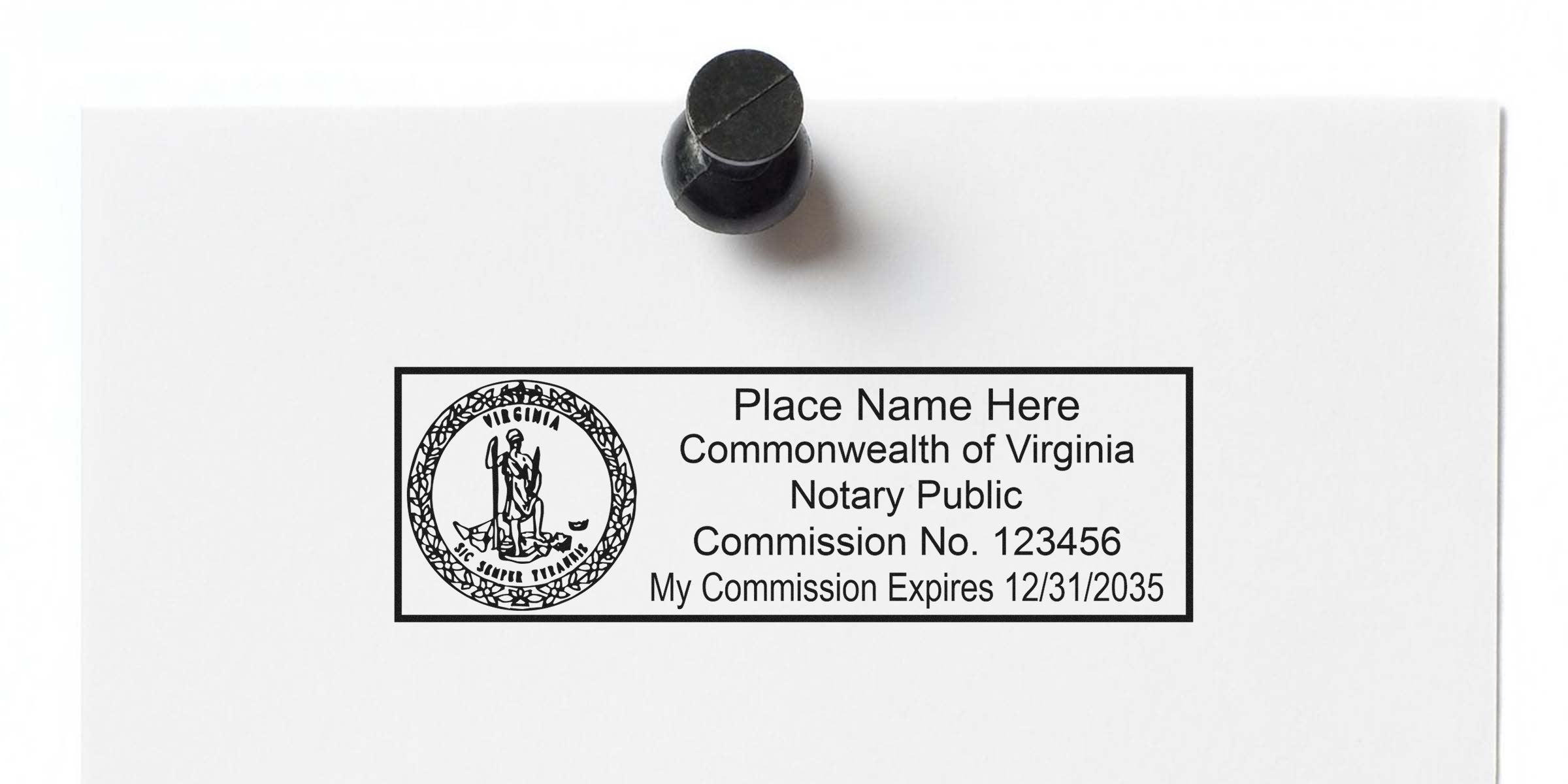 Virginia VA notary stamp on white paper, showing commission number and expiration date, with quality notary supplies.