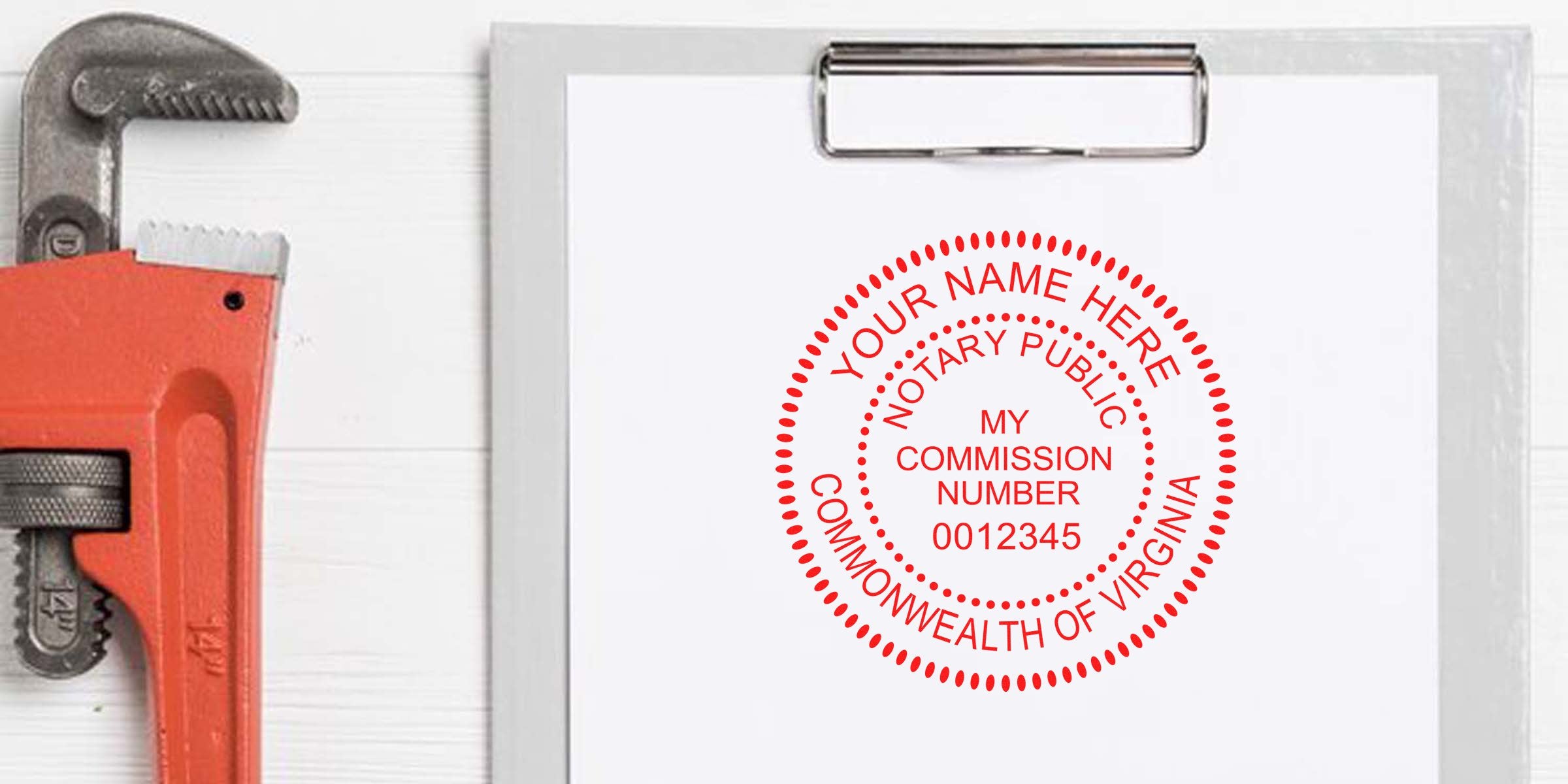 Round red notary stamp on clipboard with plumbing tools, Virginia notary public seal meeting requirements for certified document verification.