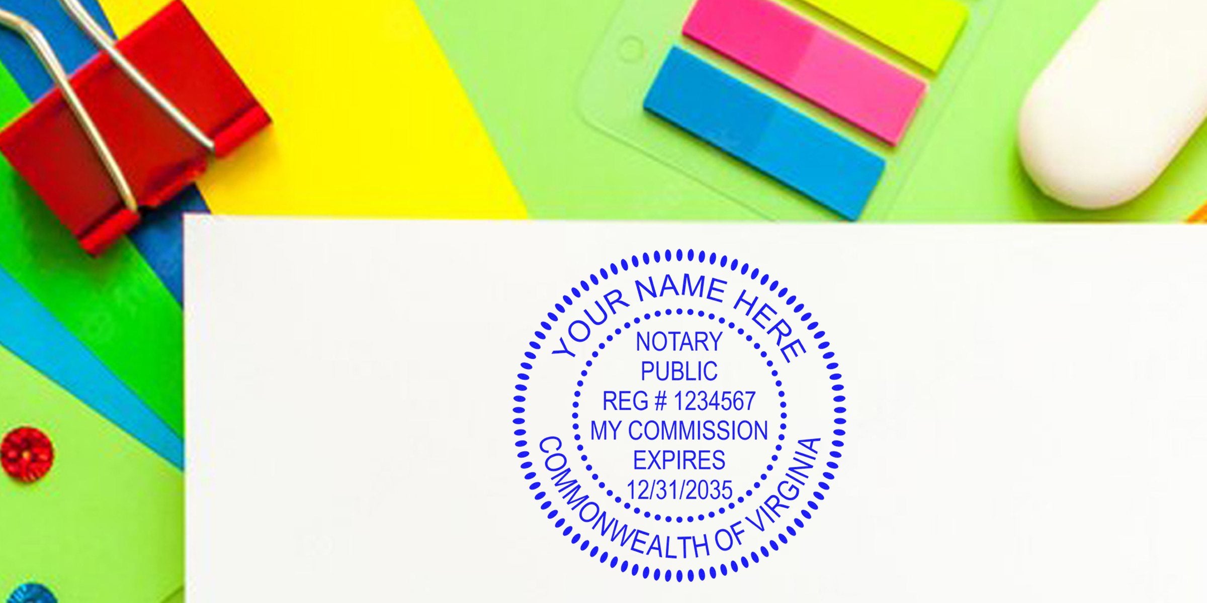 Notary Stamp VA on white paper with colorful office supplies, official Virginia notary seal, commission expiration, and registration number—ideal for buying a Virginia Notary Stamp.