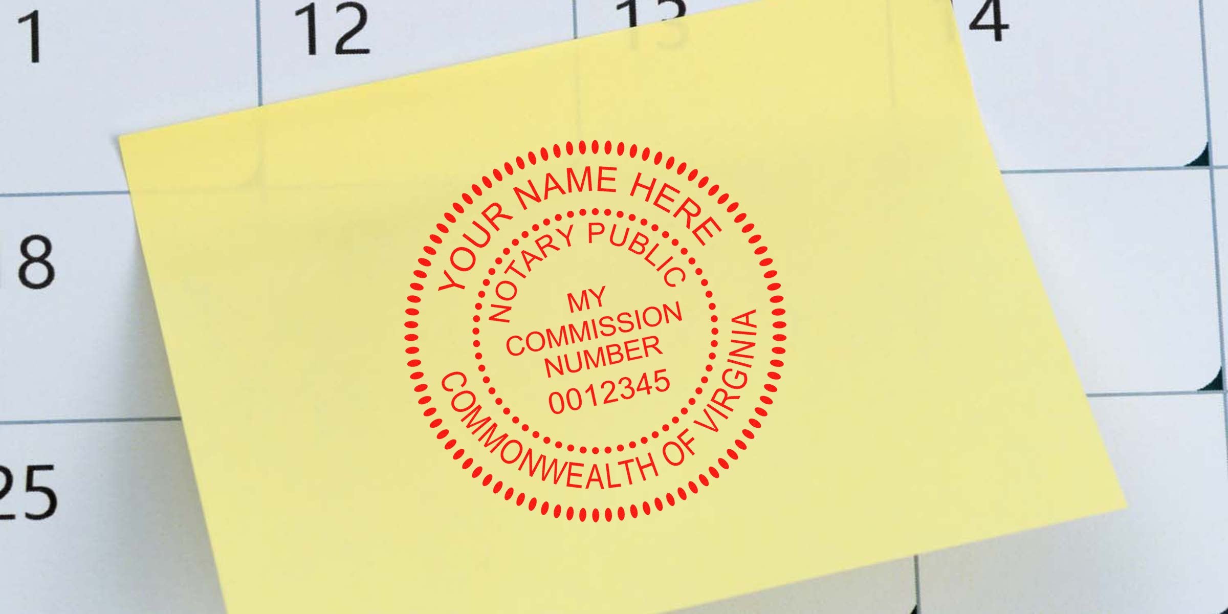 Virginia notary stamp with state seal on yellow sticky note over calendar, highlighting state seal notary tips.