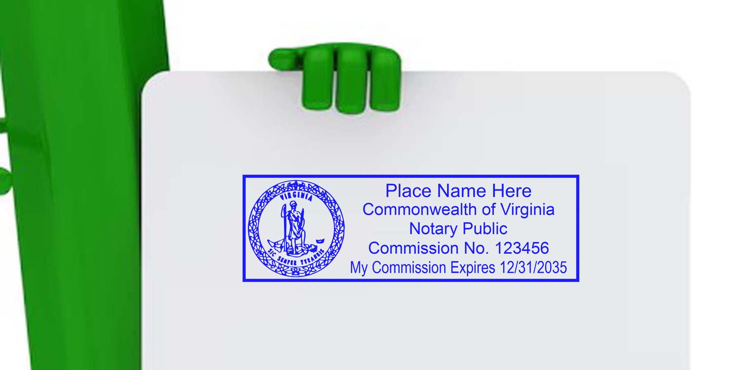 Virginia notary public stamp with commission number and expiration date, held by green figure—an essential tool for starting your Virginia notary journey.