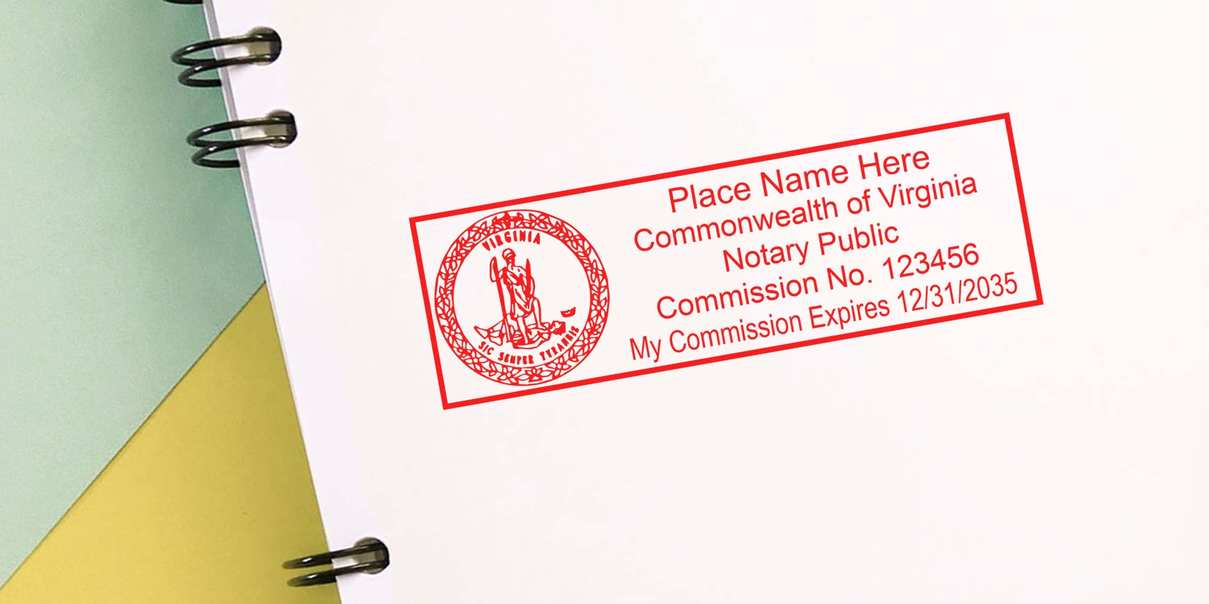 Virginia digital notary seal on a white notebook page showing commission number and expiration date, representing a Virginia digital notary.