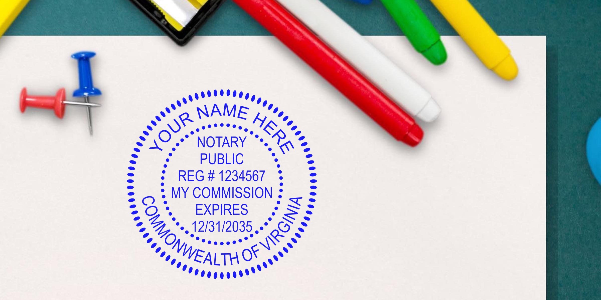 Virginia notary public stamp on white paper with commission expiration date, surrounded by colorful markers and push pins, highlighting Virginia notary public stamps and stamp options.