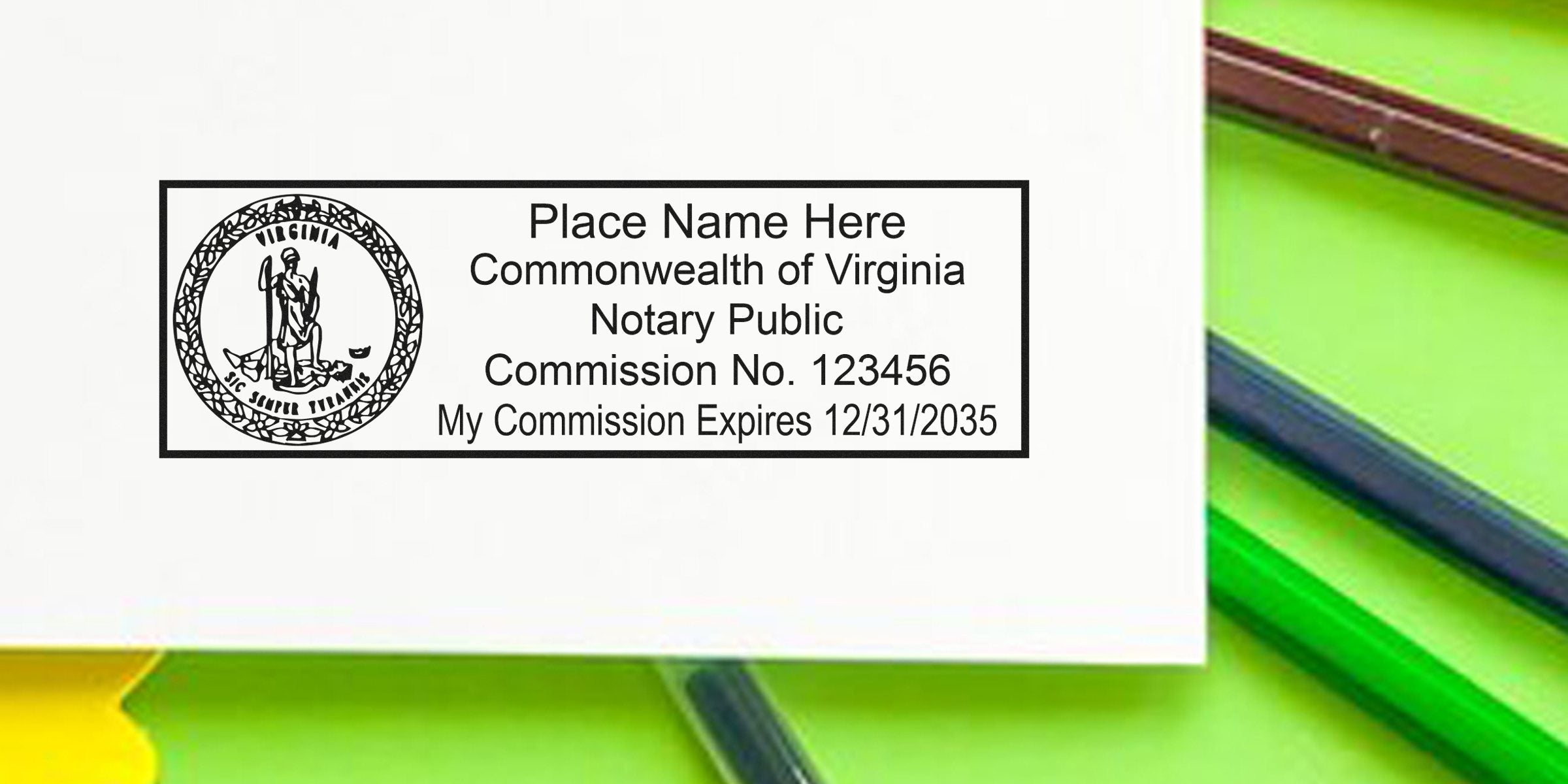 Virginia notary stamp on white paper showing commission number and expiration date, compliant with Virginia notary stamp law.
