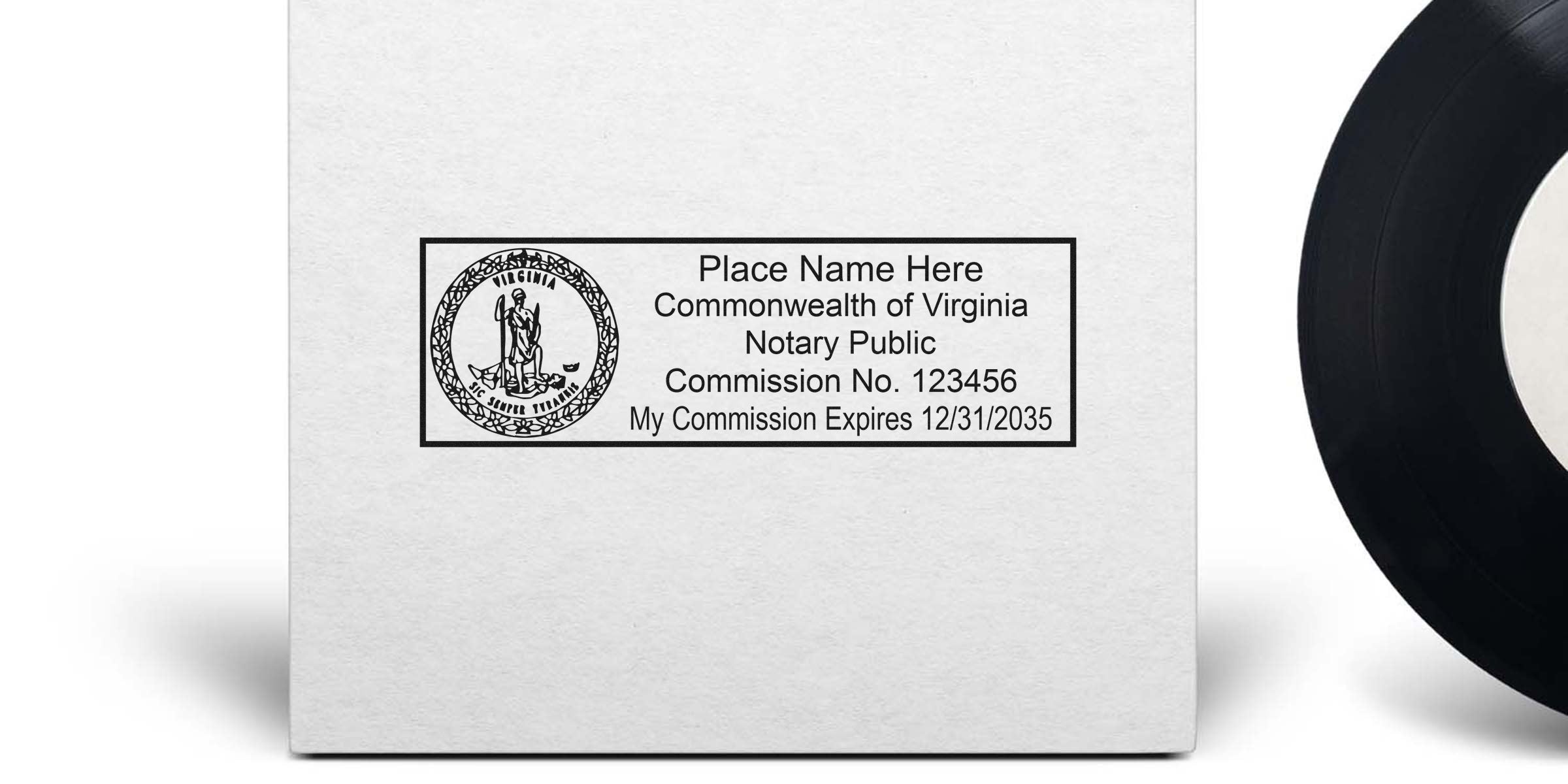 Virginia notary stamp on white paper showing commission number and expiration date, complying with Virginia notary stamp rules.