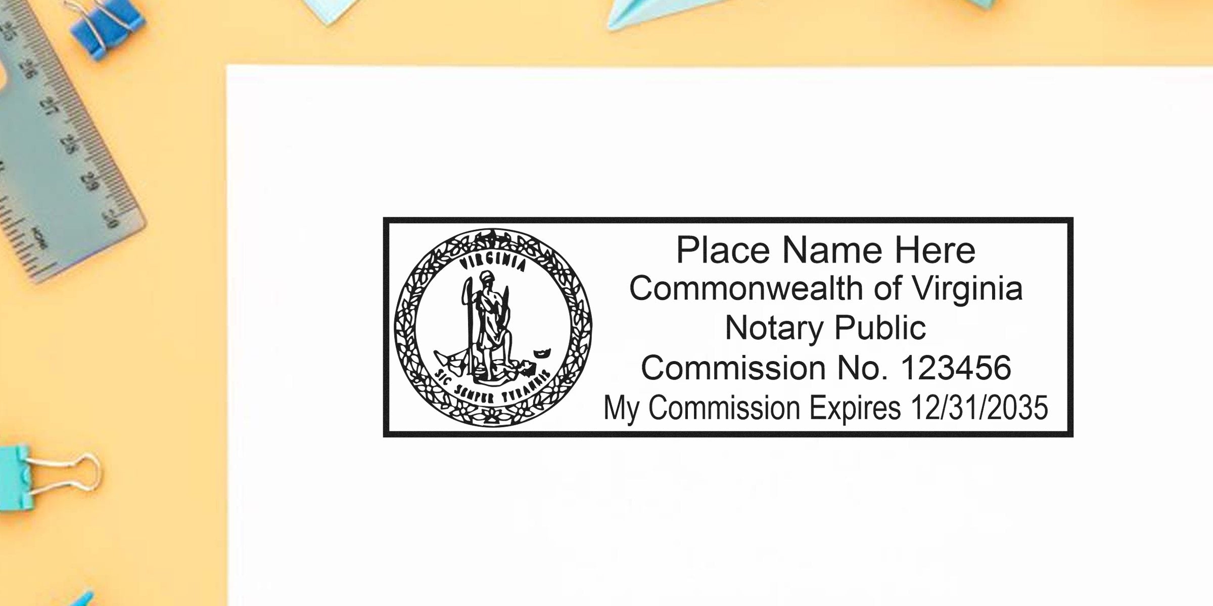 Virginia notary seal on white paper showing commission number and expiration date, symbolizing Virginia notary seal and seal purchase.