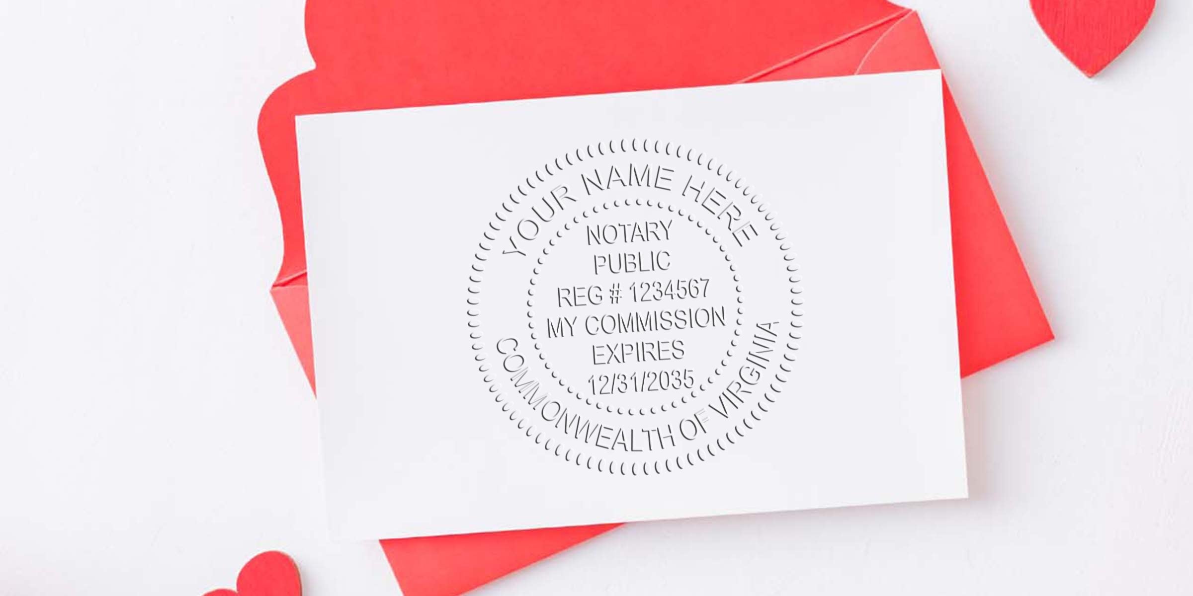 Virginia Notary Stamp embossed on white card with red envelope and heart accents, perfect for Buy Notary Stamp Virginia services.