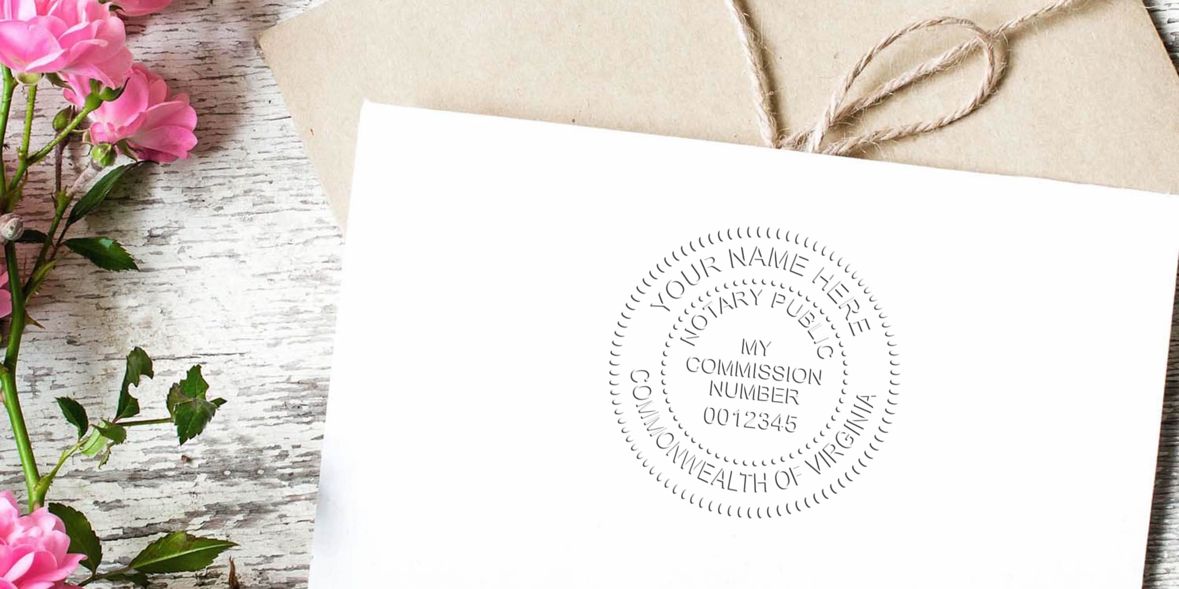Envelope with Virginia notary seal on rustic wood, pink flowers, vintage stationery, twine bow, and Virginia notary commission certificate, symbolizing a trusted online notary seal.