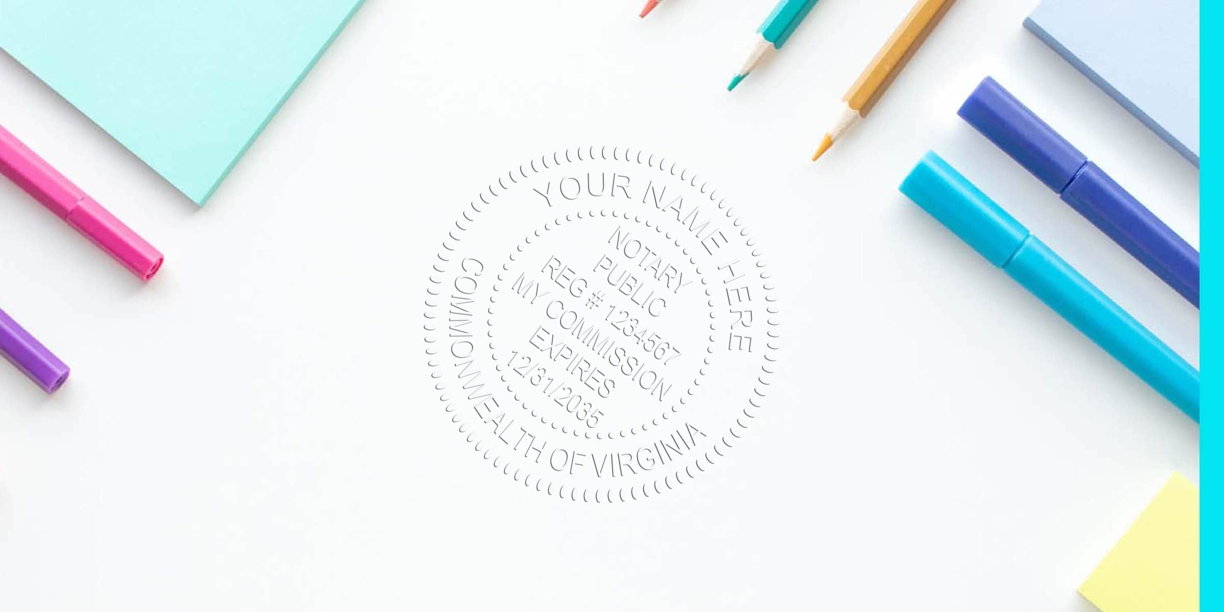 Virginia notary stamp on white paper, surrounded by colorful pens and sticky notes, displaying the Virginia notary stamp format.