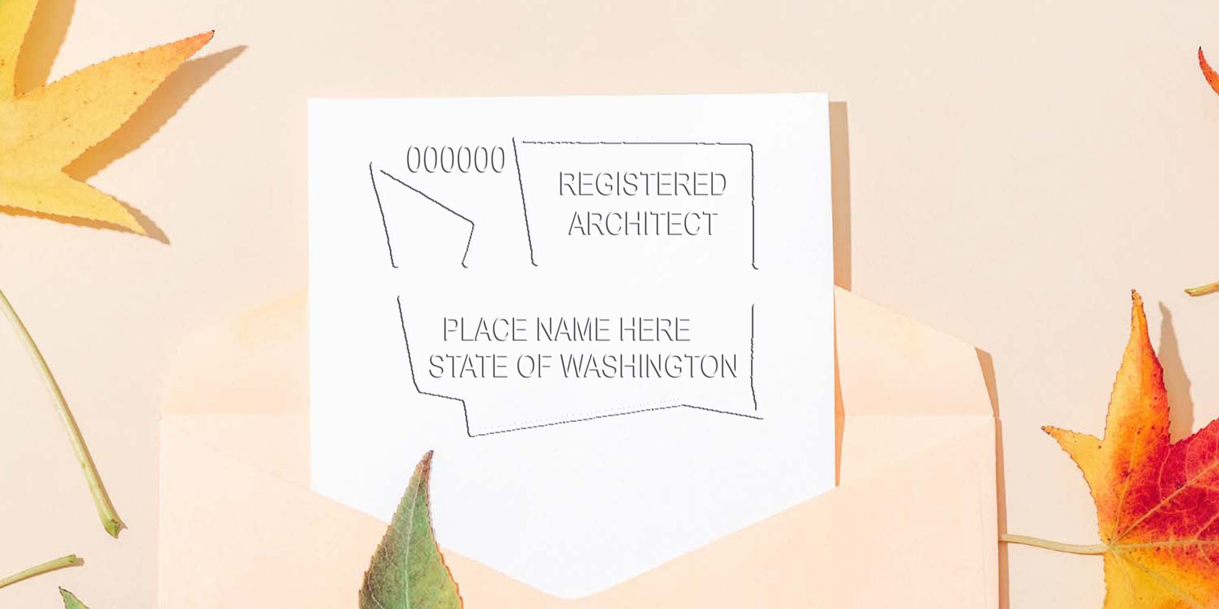 Washington state architect license card with autumn leaves background and custom architect seal, emphasizing the Washington architect seal.