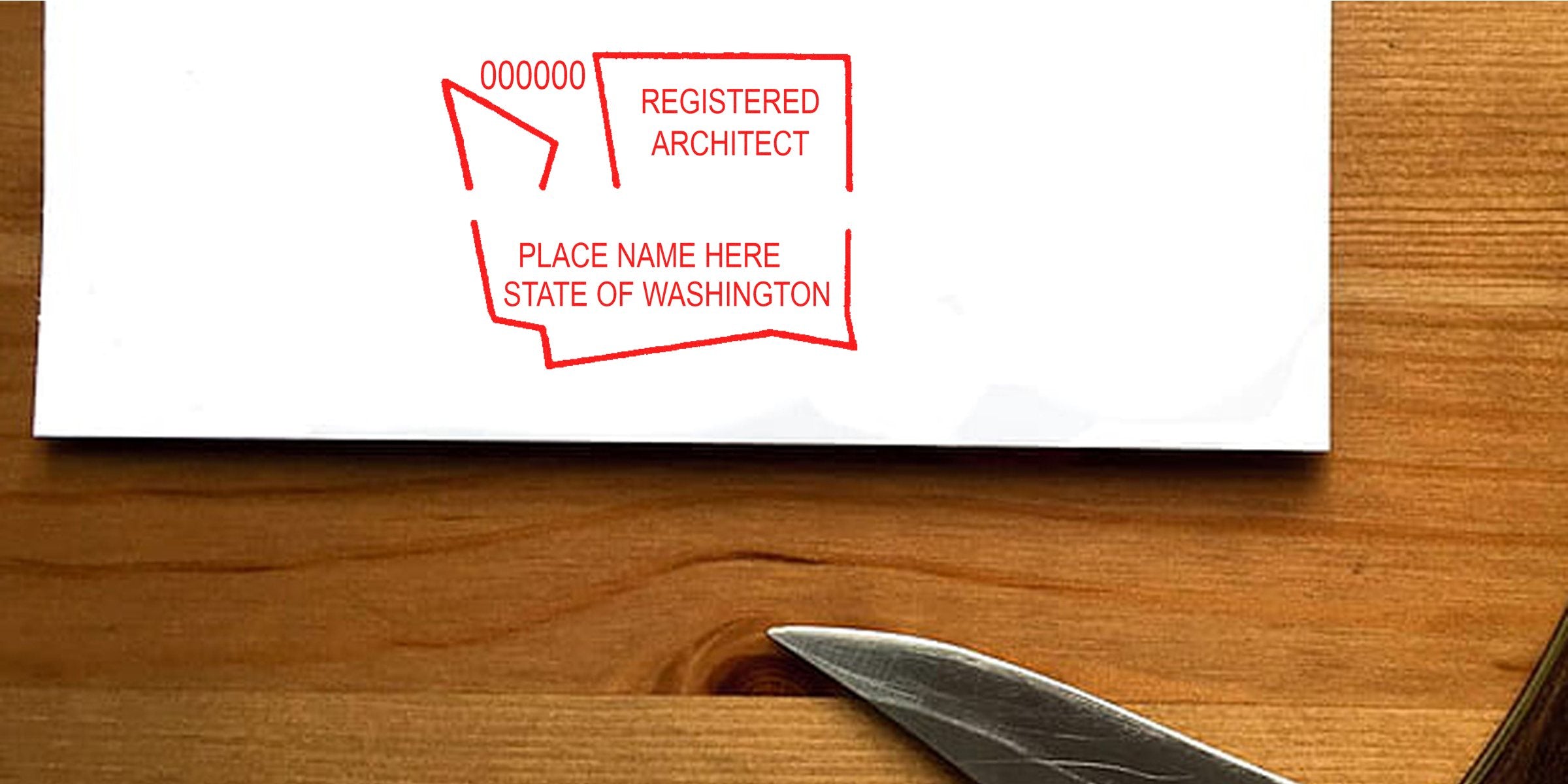 DC architect stamp on white paper on wooden desk with knife, meeting professional certification requirements in Washington state.