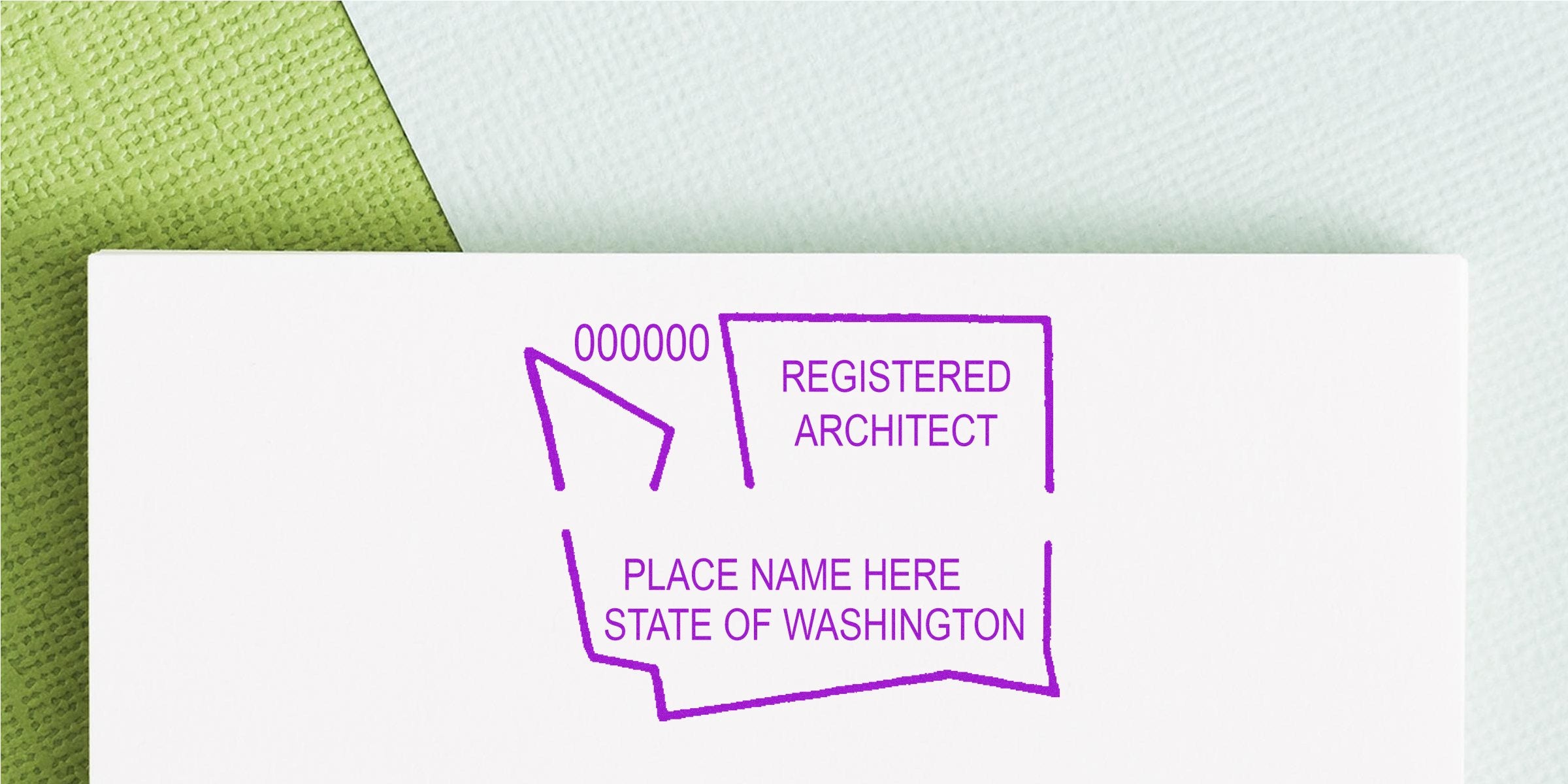 Registered architect stamp on white paper for Washington state license verification with a DC architect seal embosser and key architectural design tools.