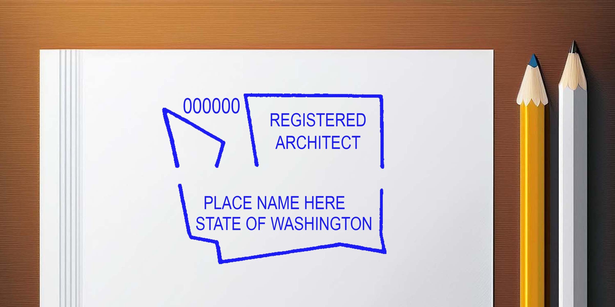 Washington state outline on white paper with pencils, showing a registered architect stamp, unique Washington architect stamps, architect seal, and professional license verification.