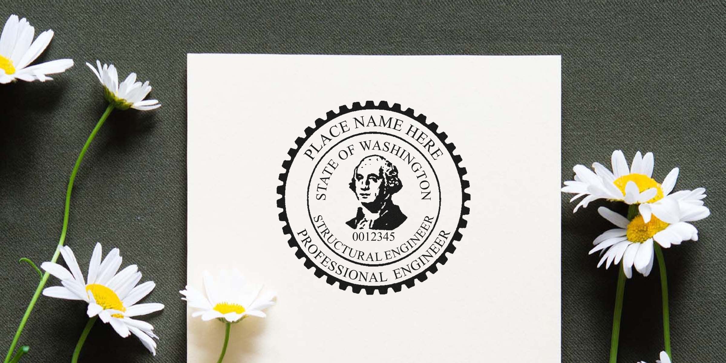Washington engineer stamp with a professional engineer seal and daisies on dark fabric, designed as a custom engineer stamp.
