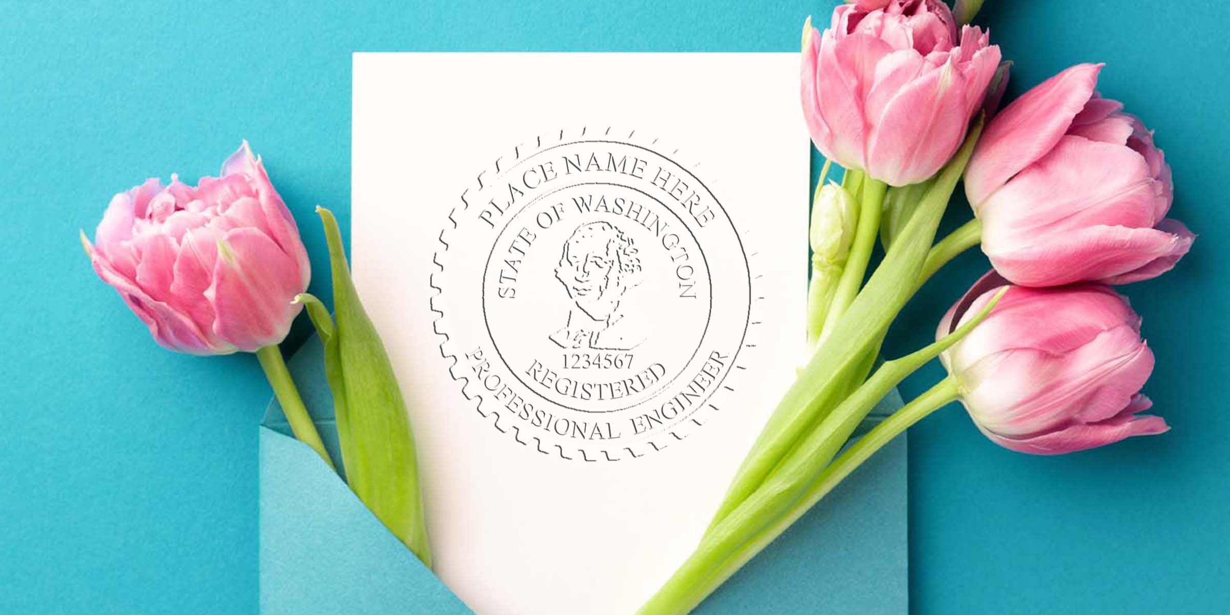 Pink tulips next to a Washington engineer stamp on white paper with project elevation, inside a blue envelope on a turquoise background.