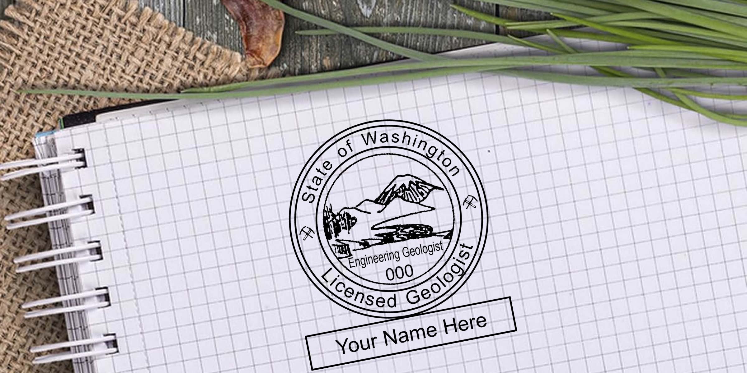 Washington Geologist Licensing stamp on notebook with Geologist Stamp Washington, engineering geologist certification, and customizable name area.