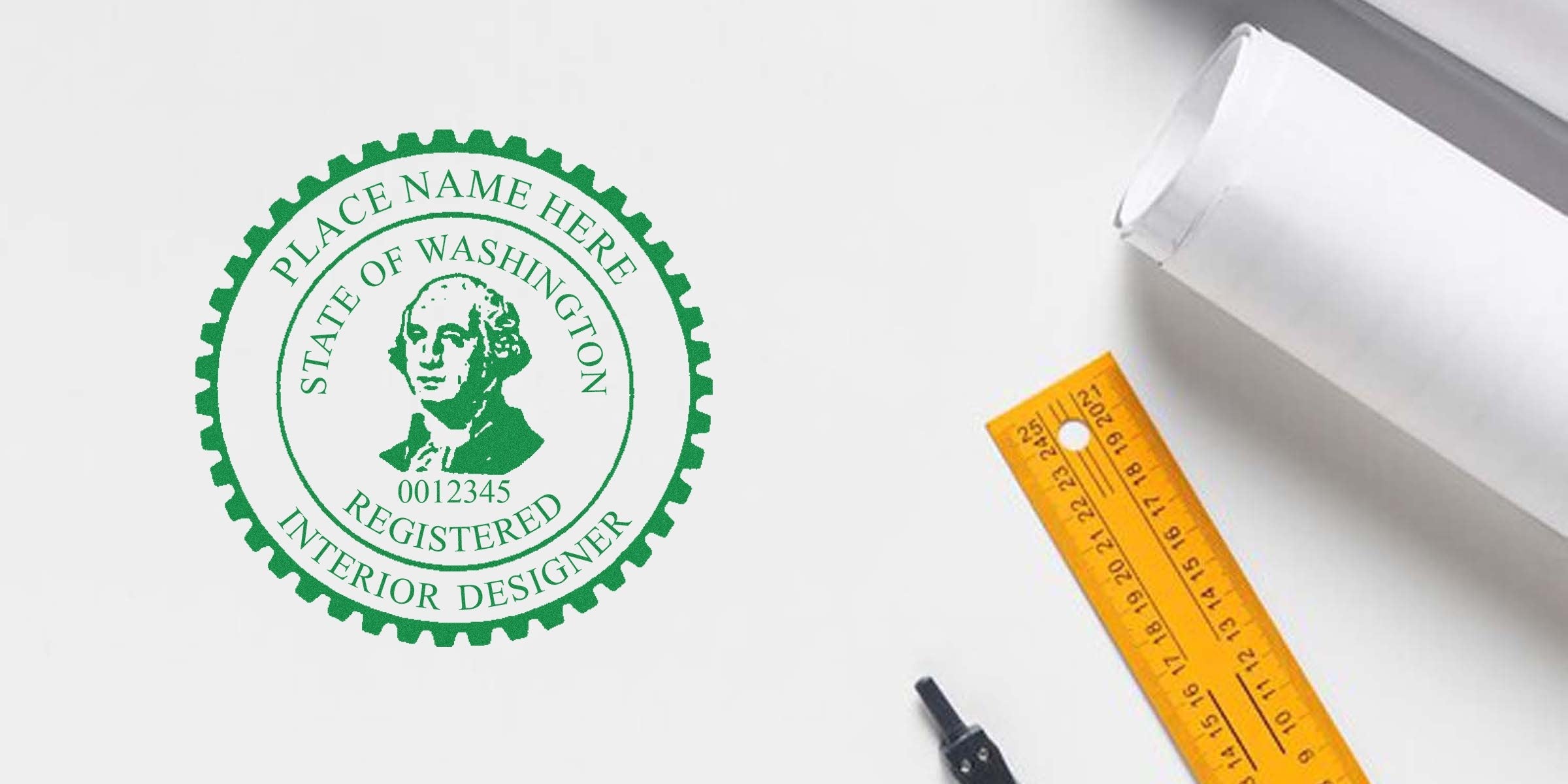 Washington interior design seal with architectural plans and ruler, emphasizing seal details.