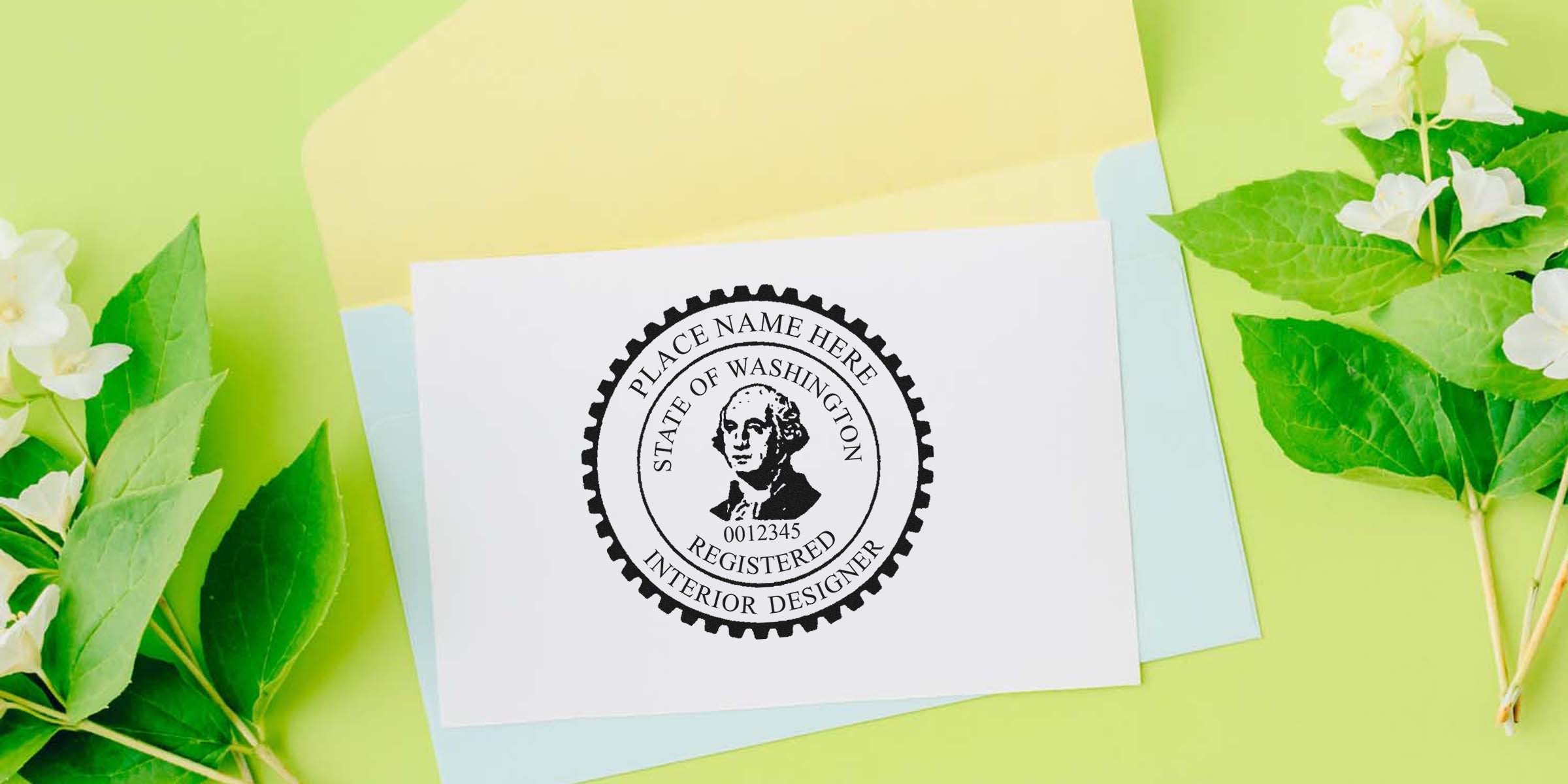 Registered Interior Designer seal on white card with green leaves and pastel envelopes, featuring Washington interior designer and seal application tips.