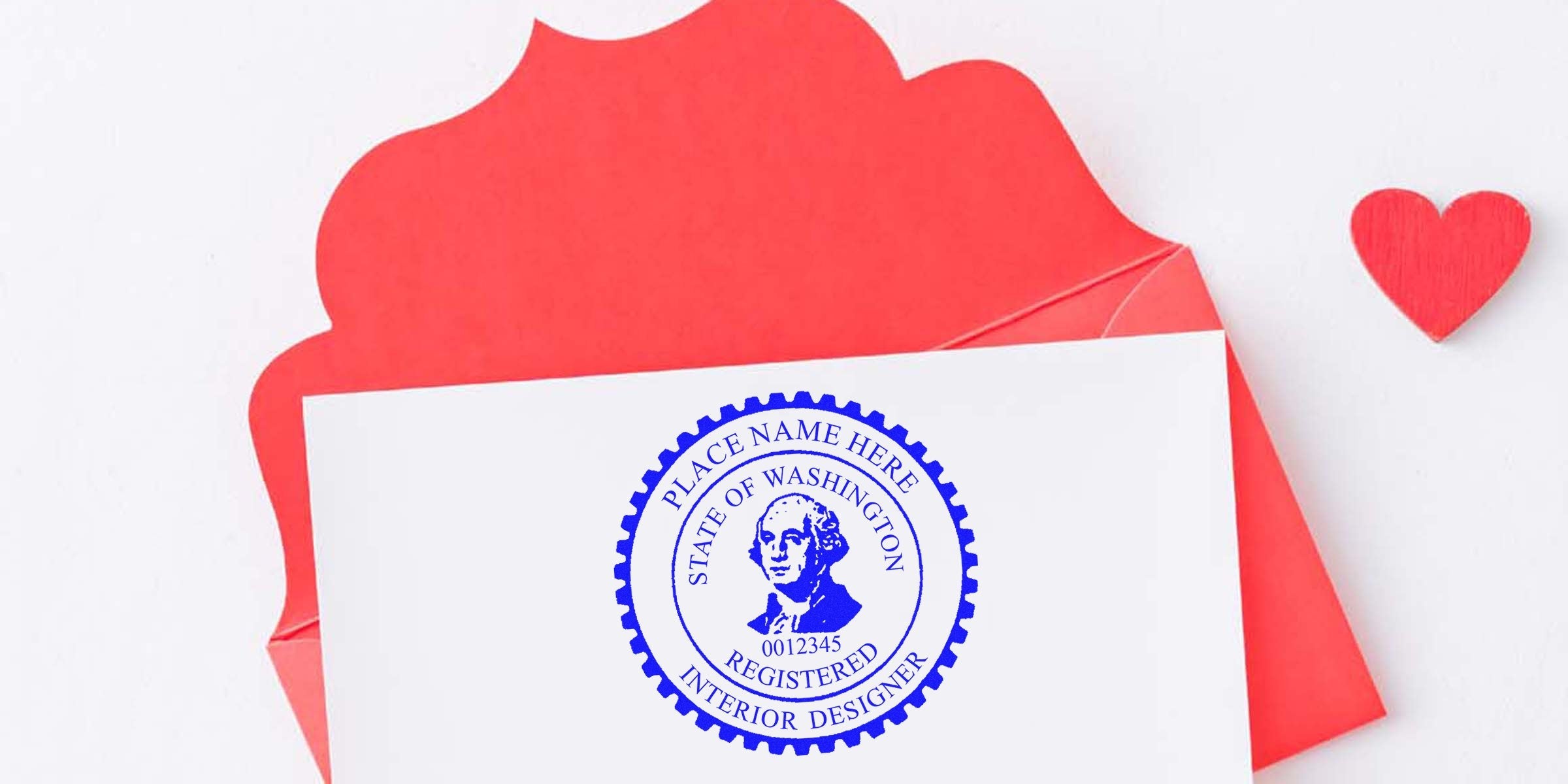 Washington interior designer stamp on white card with red envelope and heart, showcasing a professional design stamp guide for Washington interior designers.