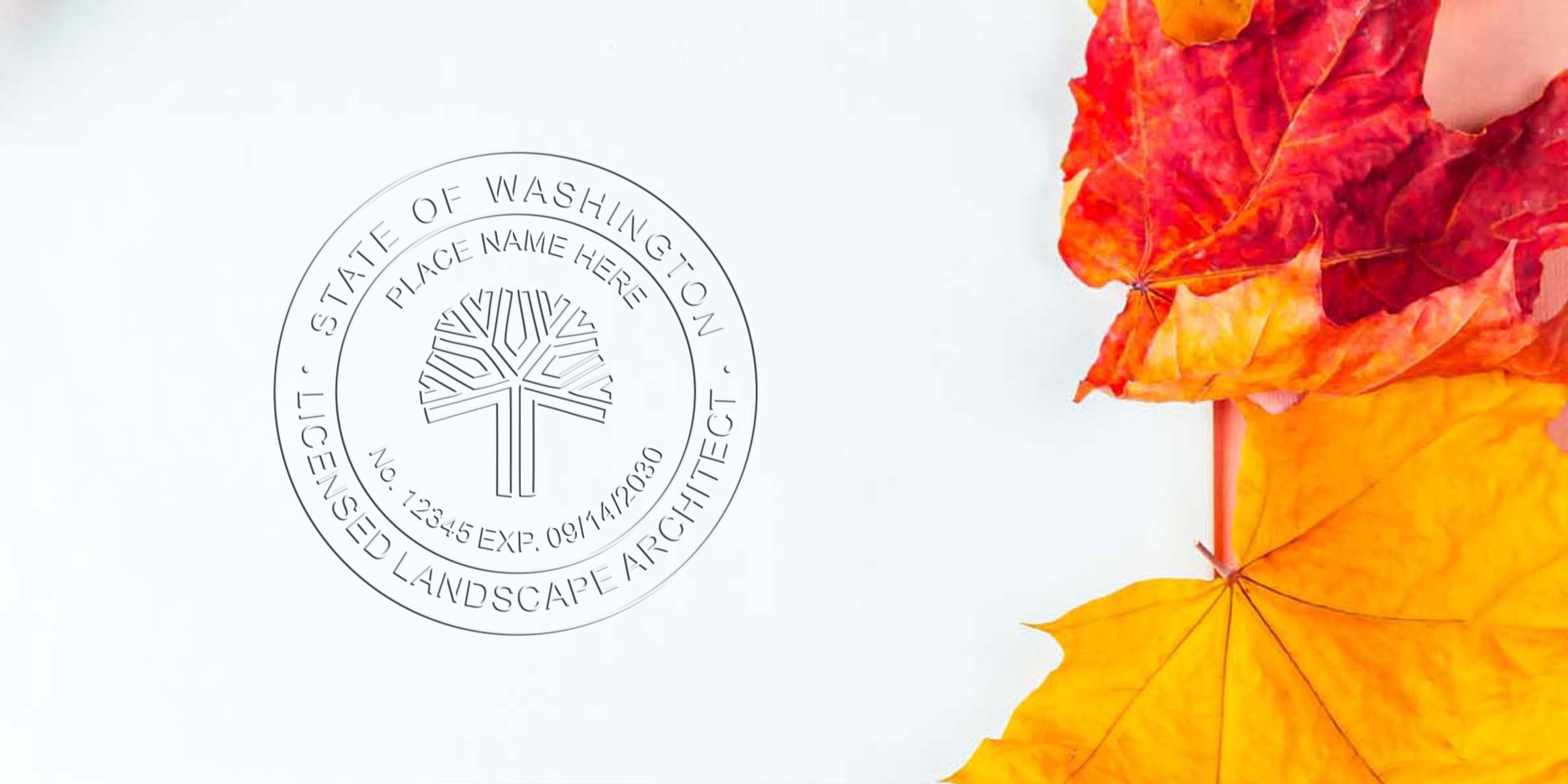 Washington landscape architect seal with autumn leaves background, crafted as a landscape architect embosser.
