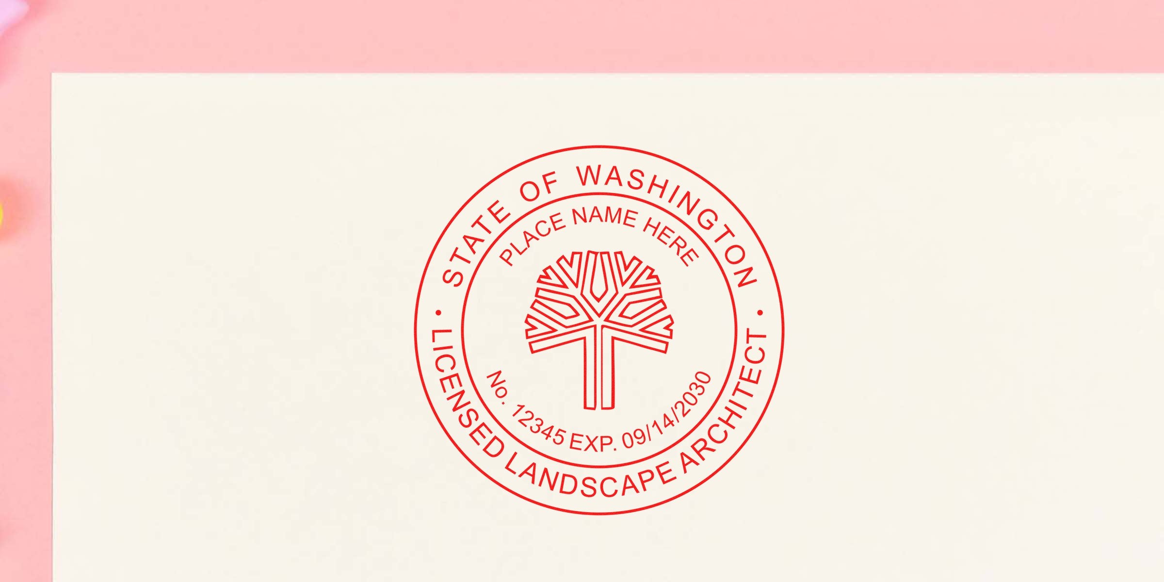 Washington licensed landscape architect seal with tree logo and license number on white paper, compliant with Washington landscape architect stamp standards.