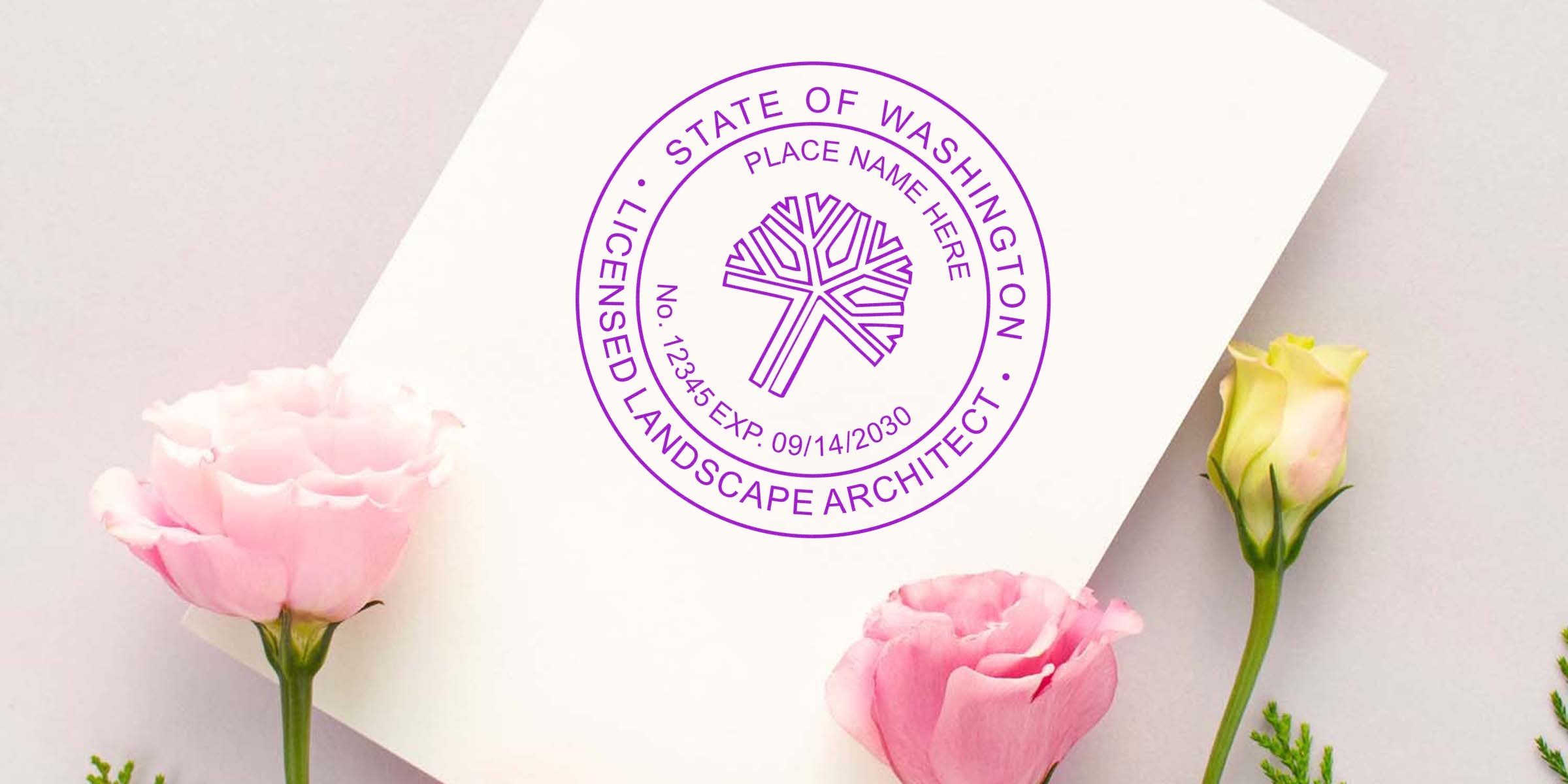 Washington landscape architect seal on white paper with pink and yellow flowers, following landscape architect standards.