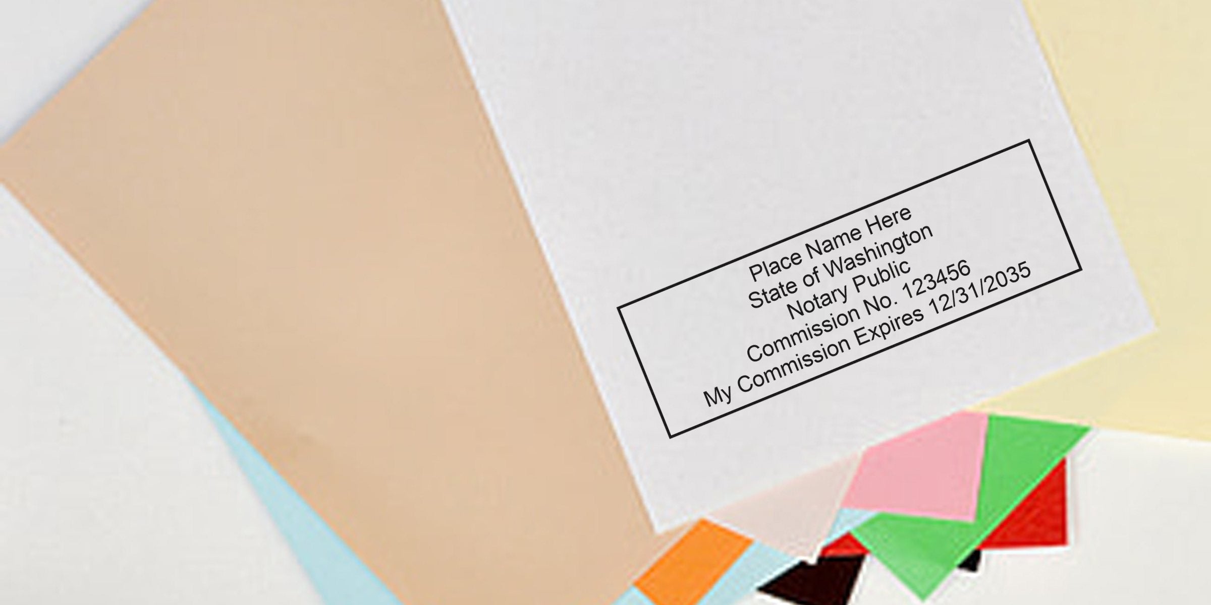 Notary public stamp on colorful paper showing commission details and expiration date, with quality notary tools for DC and District of Columbia supplies.