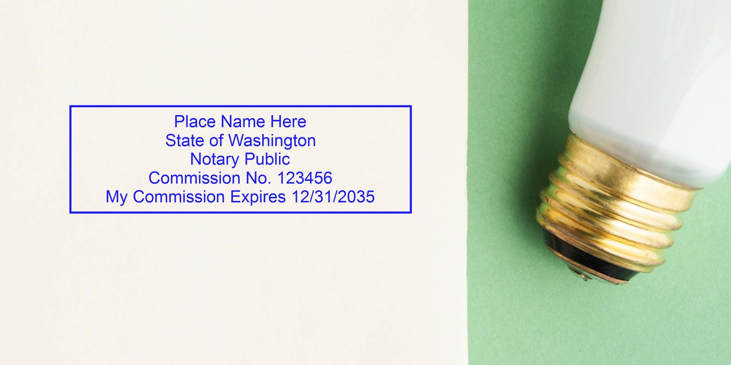 Washington notary stamp with commission number, expiration date, next to a light bulb on green background, showing Notary Seal DC and Best Notary Seal District of Columbia.