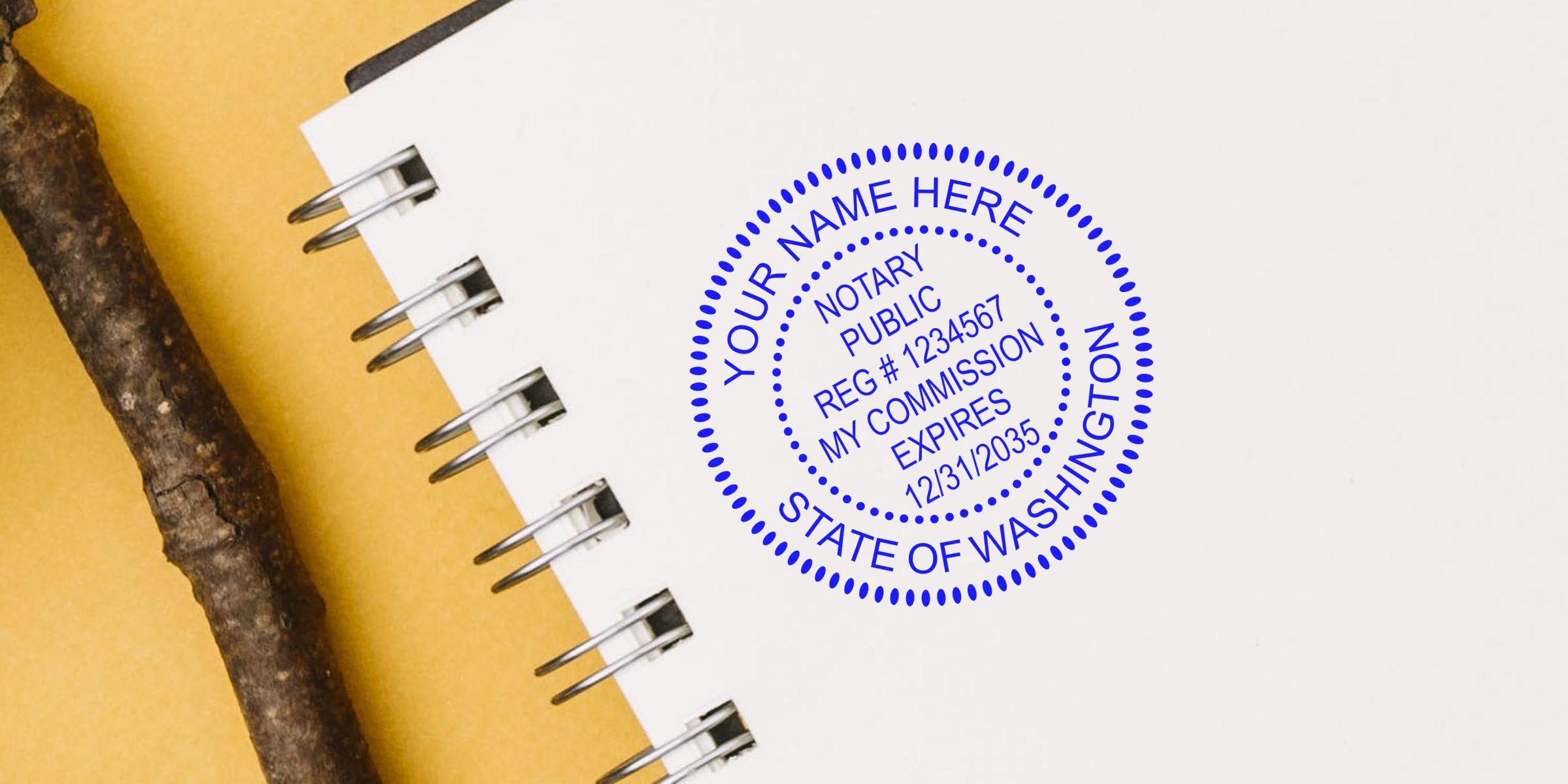District of Columbia notary seal on white notebook with wooden stick on yellow background, highlighting benefits like registration and commission expiration details.