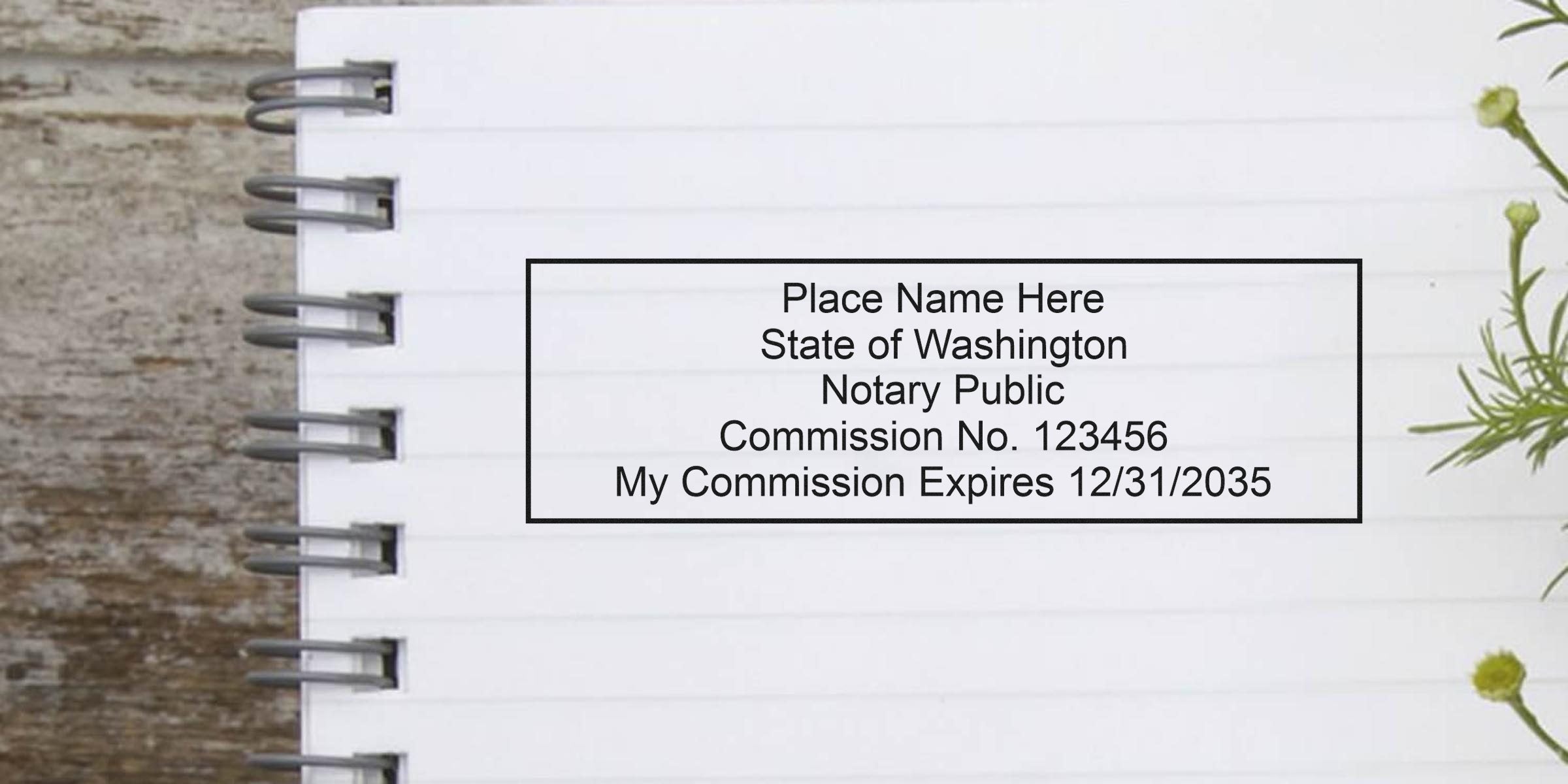 Washington notary public commission certificate on a notebook page, showing the notary seal dimensions and stamp size guide.