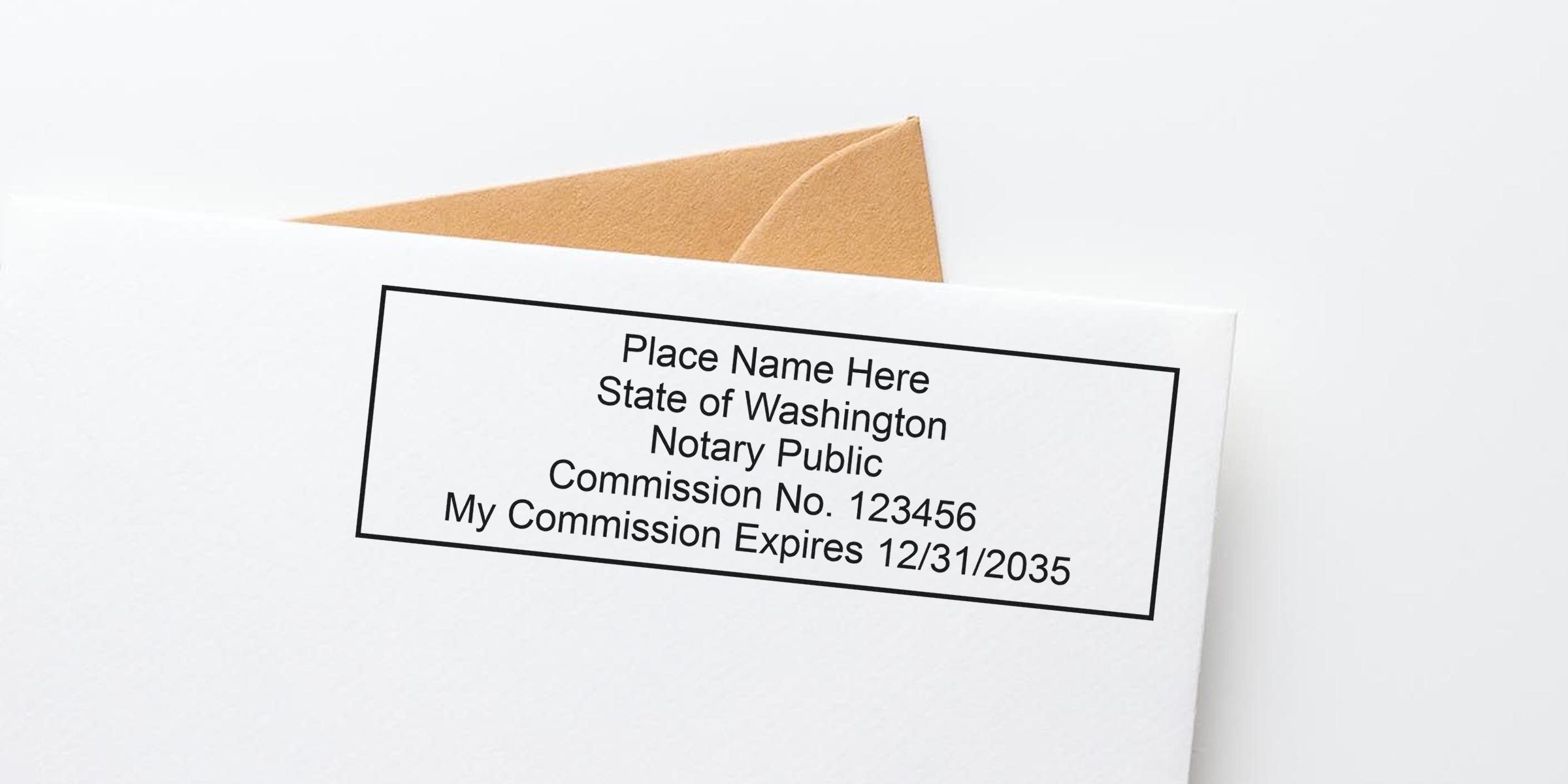 Washington notary public stamp on white envelope with commission number and expiration date, key WA notary supplies for new notaries.