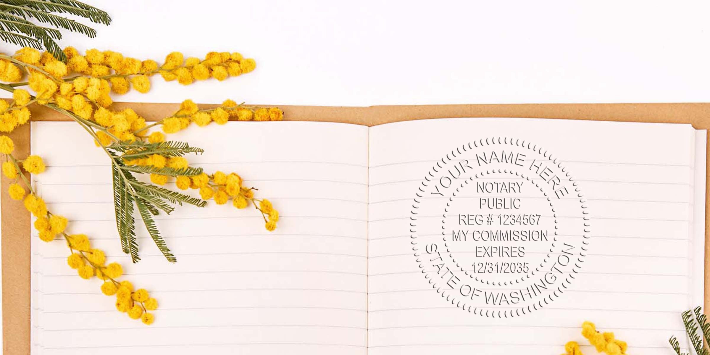 Open notebook with Washington notary supplies, a notary public stamp, and yellow mimosa flowers on a white background, displaying essential notary tools for Washington.
