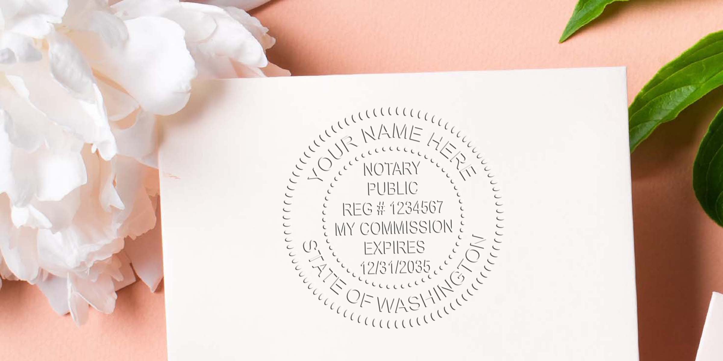 Washington notary stamp on white paper with floral leaf background. Purchase your notary stamp online today.