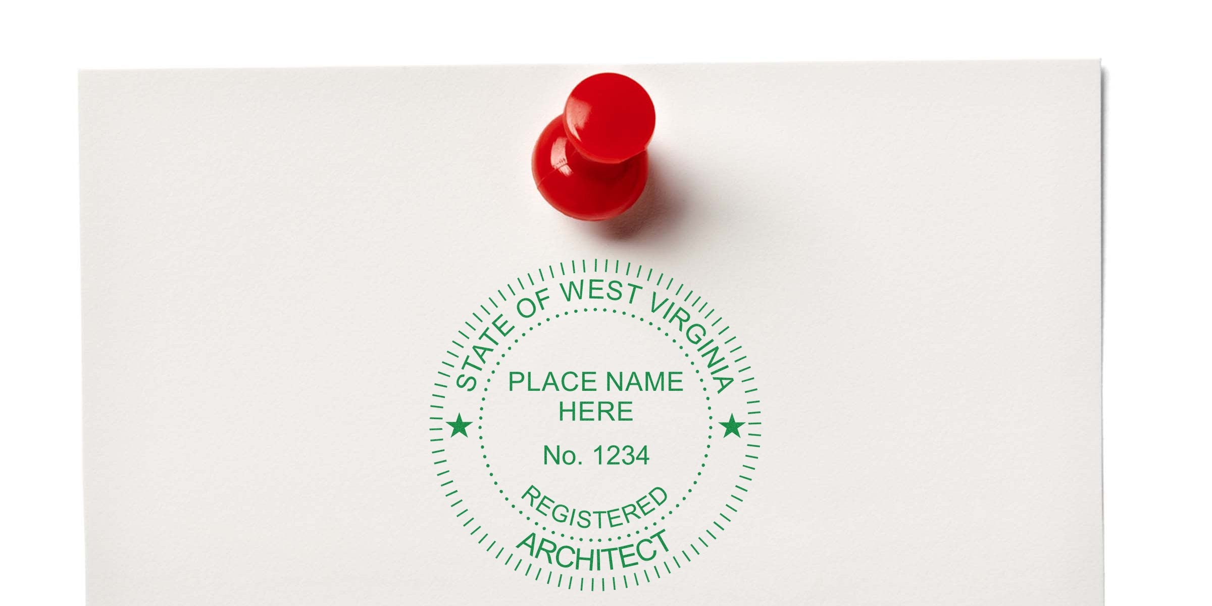 West Virginia architect stamp and seal pinned with a red push pin on white paper.