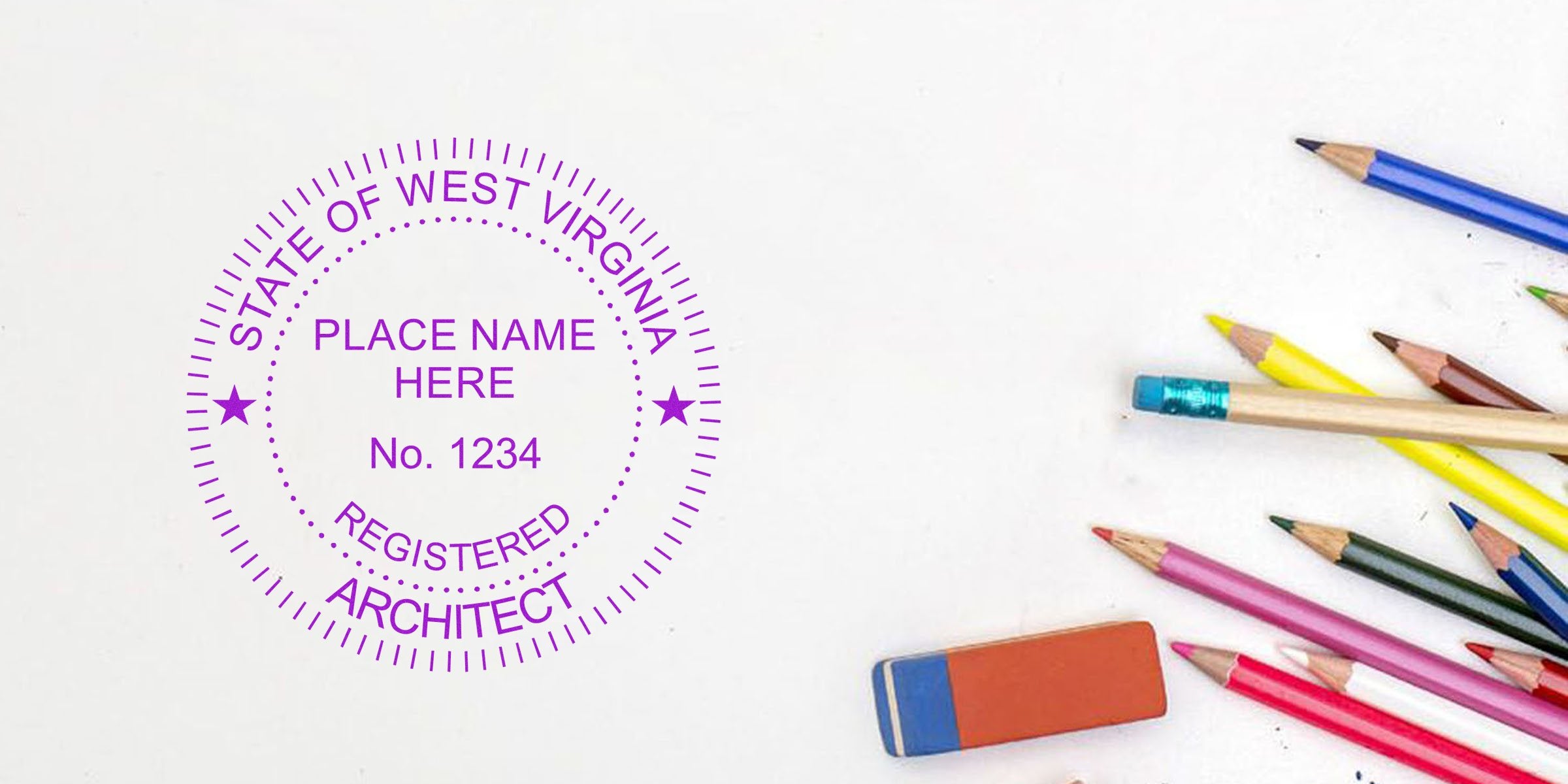 West Virginia architect stamp with colored pencils and eraser on white background, featuring tips for buying an architect stamp in West Virginia.