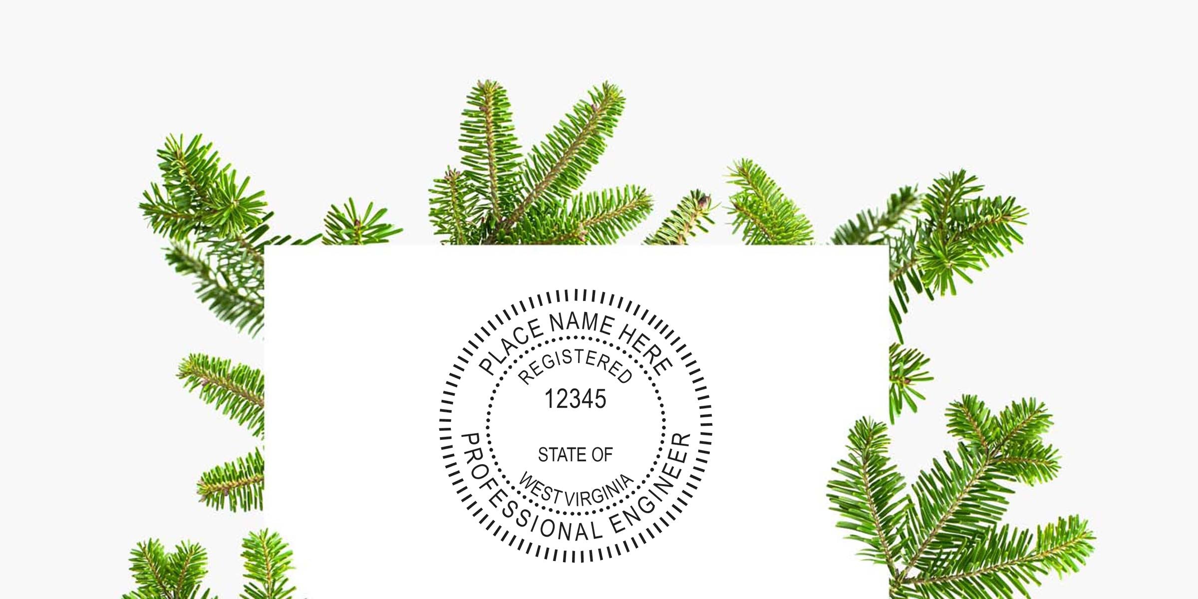 West Virginia engineer seal with green pine branches background, showcasing the West Virginia engineer stamp and its requirements.