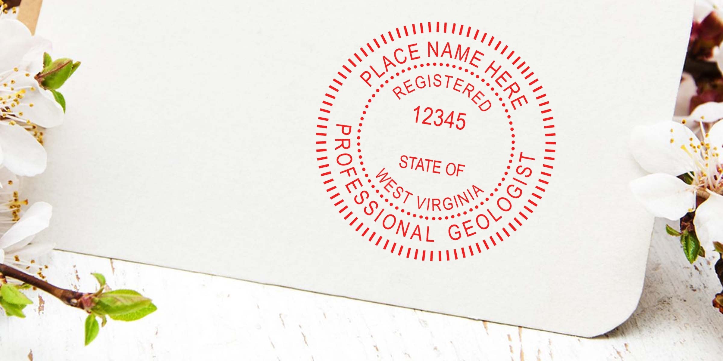 West Virginia professional geologist stamp on white paper with spring flowers, highlighting the geologist stamp order process.