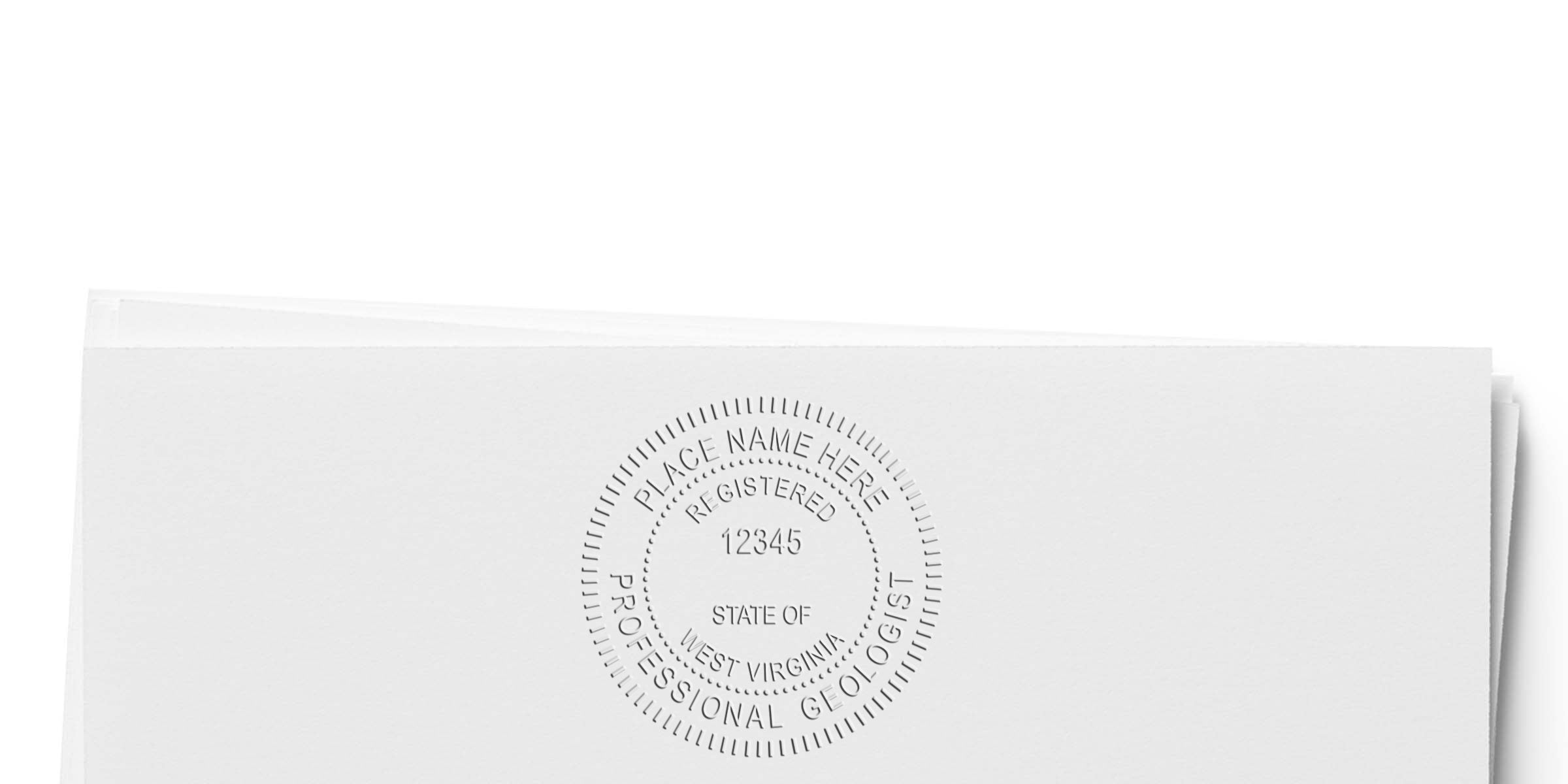 West Virginia geologist embossed stamp on white paper, official WV geologist seal, purchase geologist stamp online.