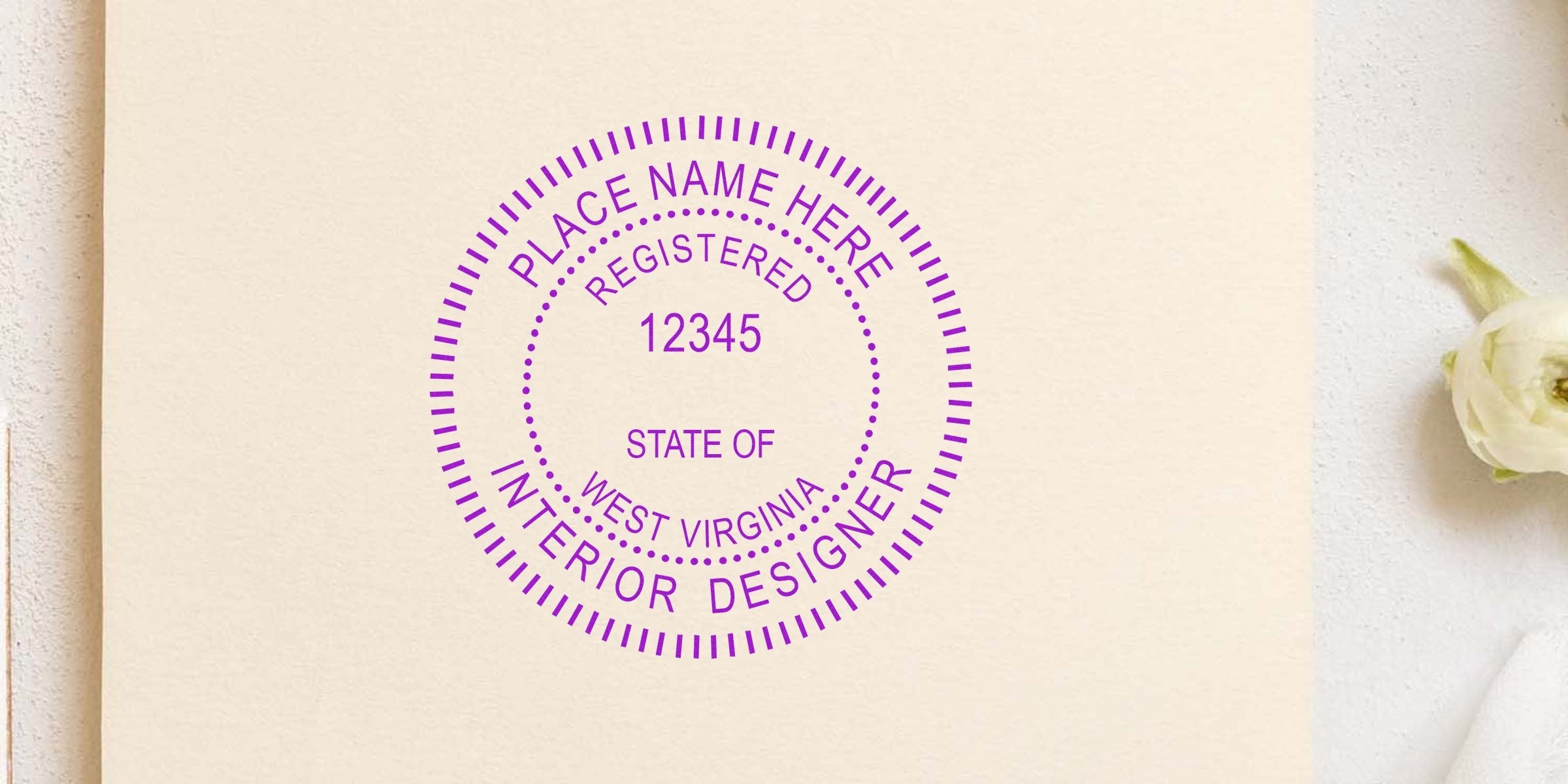 West Virginia interior designer’s registered seal stamp on paper with floral background, showcasing seal design tips.