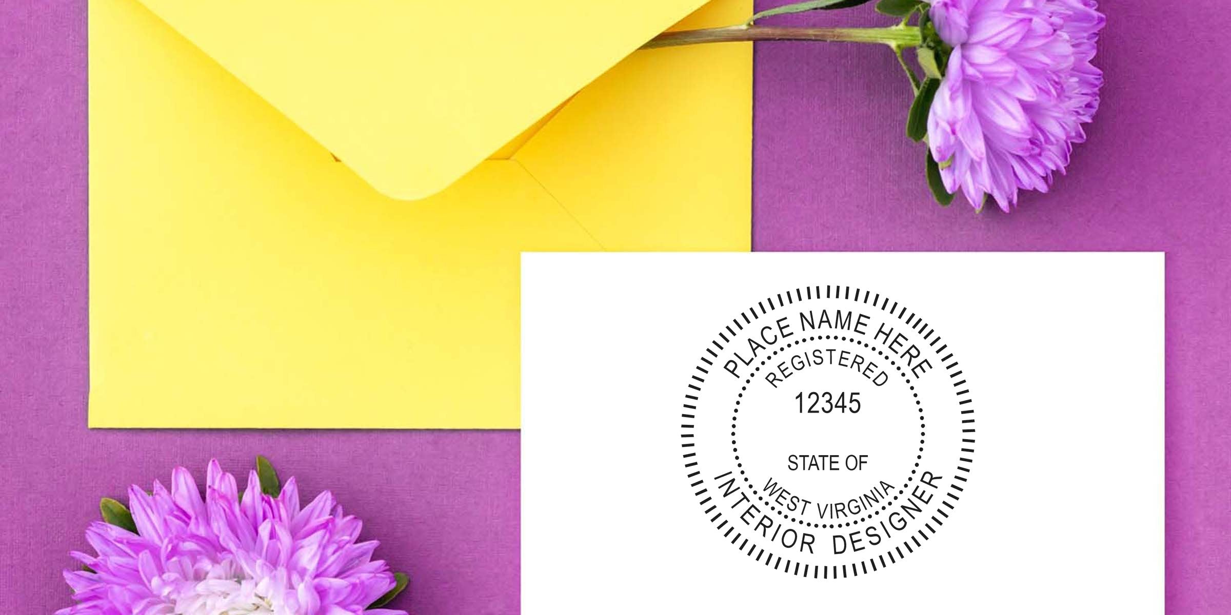 West Virginia interior designer stamp on white card with registered seal, yellow envelope, and purple flowers on purple background, showcasing WV interior design licensing process.