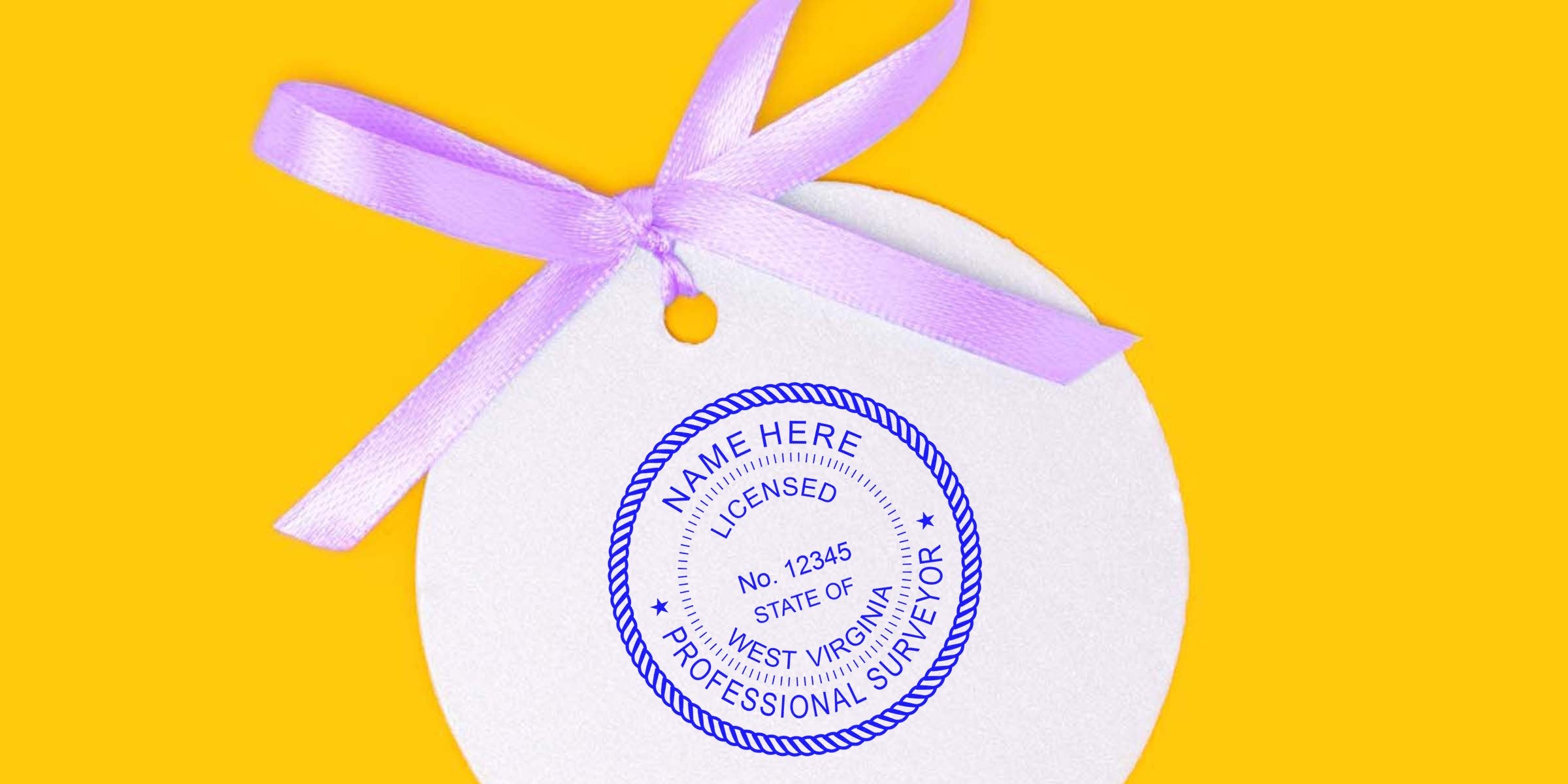 West Virginia land surveyor stamp on white round tag with purple ribbon, set against yellow background, showcasing land surveyor stamp design.