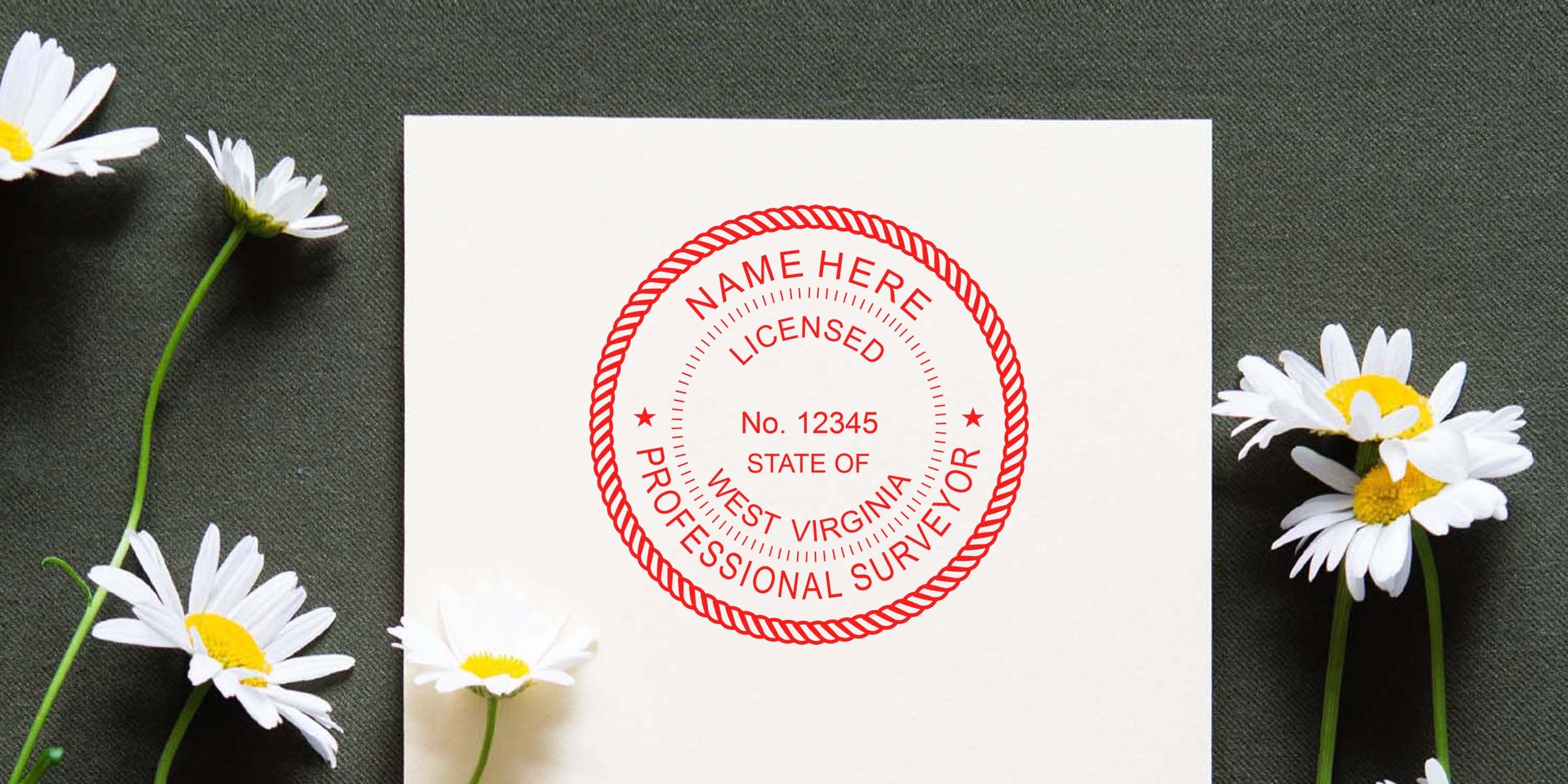West Virginia licensed land surveyor seal stamped on white paper with a daisy background, displaying official surveyor seal details.