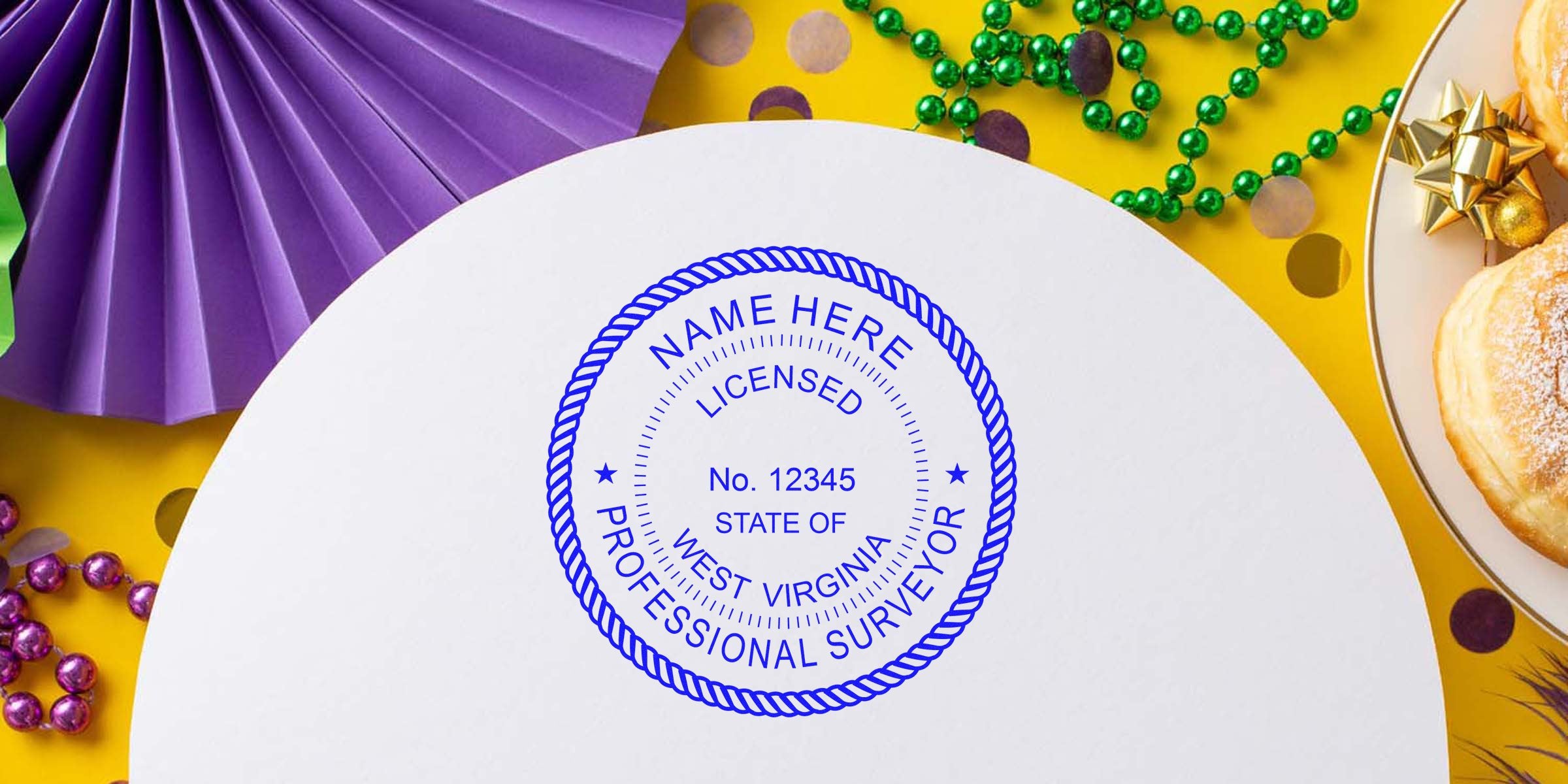 West Virginia land surveyor stamp with Mardi Gras decor and powdered donuts on yellow background, emphasizing stamp size requirements.