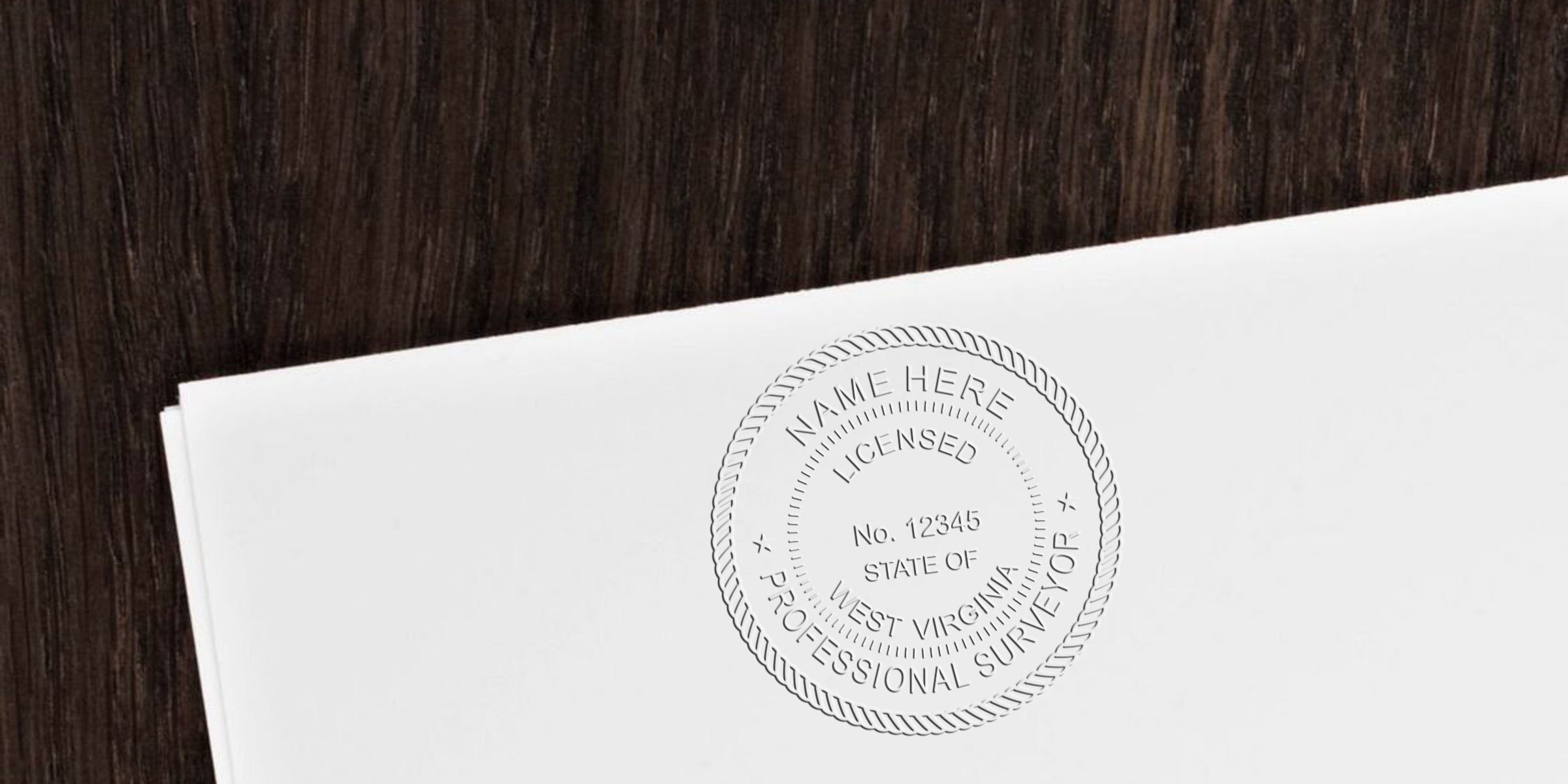 Embossed West Virginia land surveyor seal on white paper, showcasing design elements for a licensed professional surveyor.