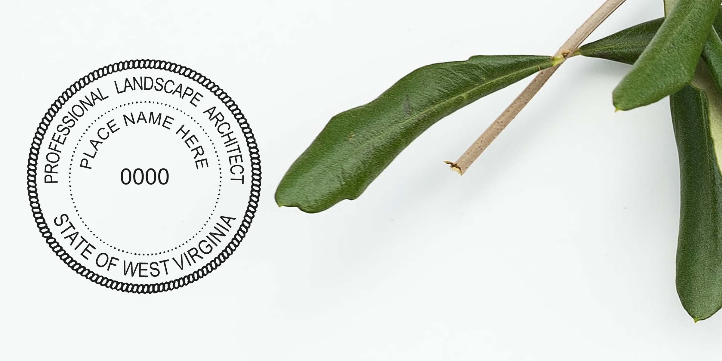 Seal of a West Virginia landscape architect with green leaves on white, symbolizing state regulations and seal standards for professional landscape architects.