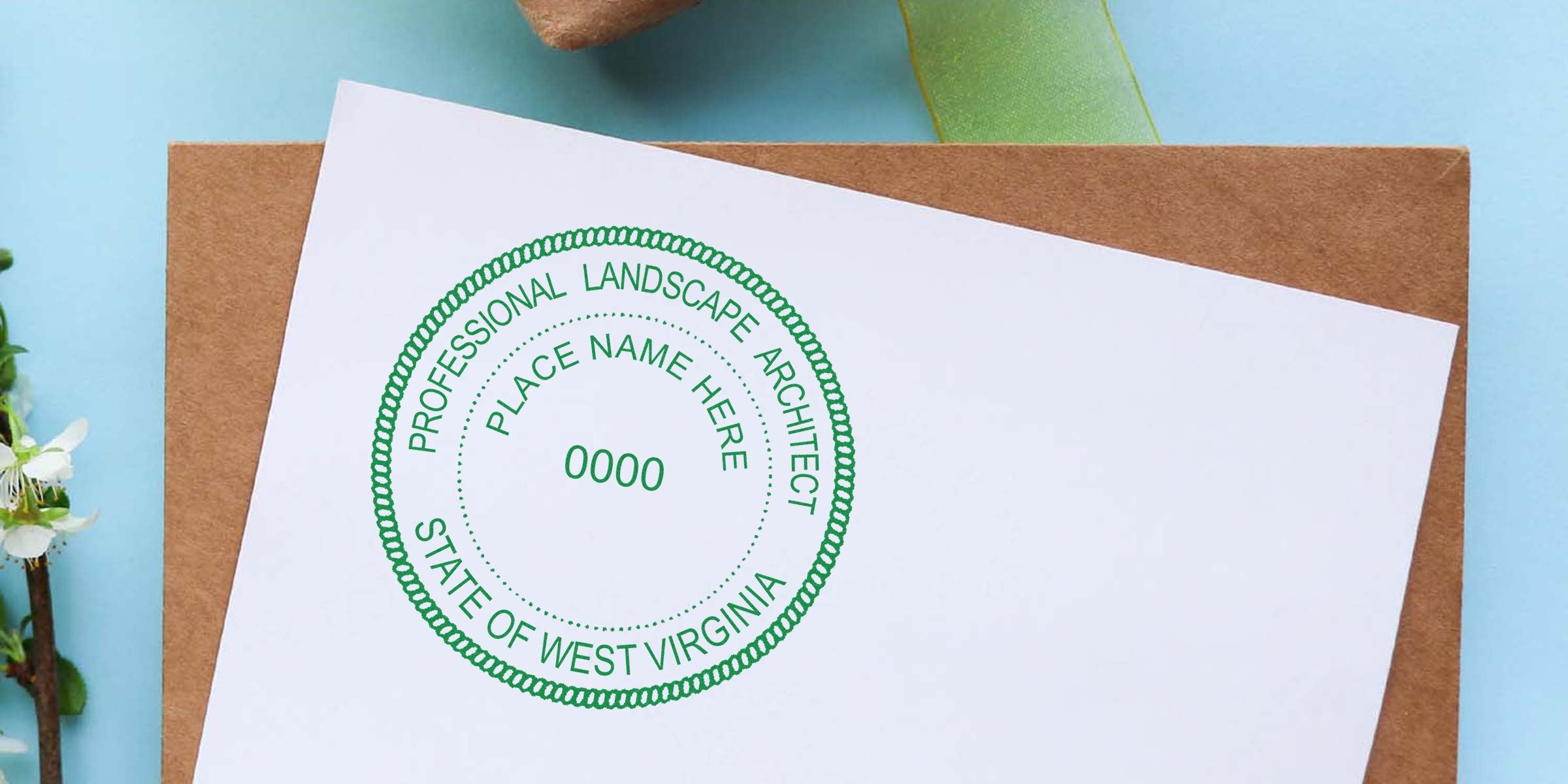West Virginia landscape architect stamp on white paper with brown envelope and green ribbon, highlighting secure online architect stamp.